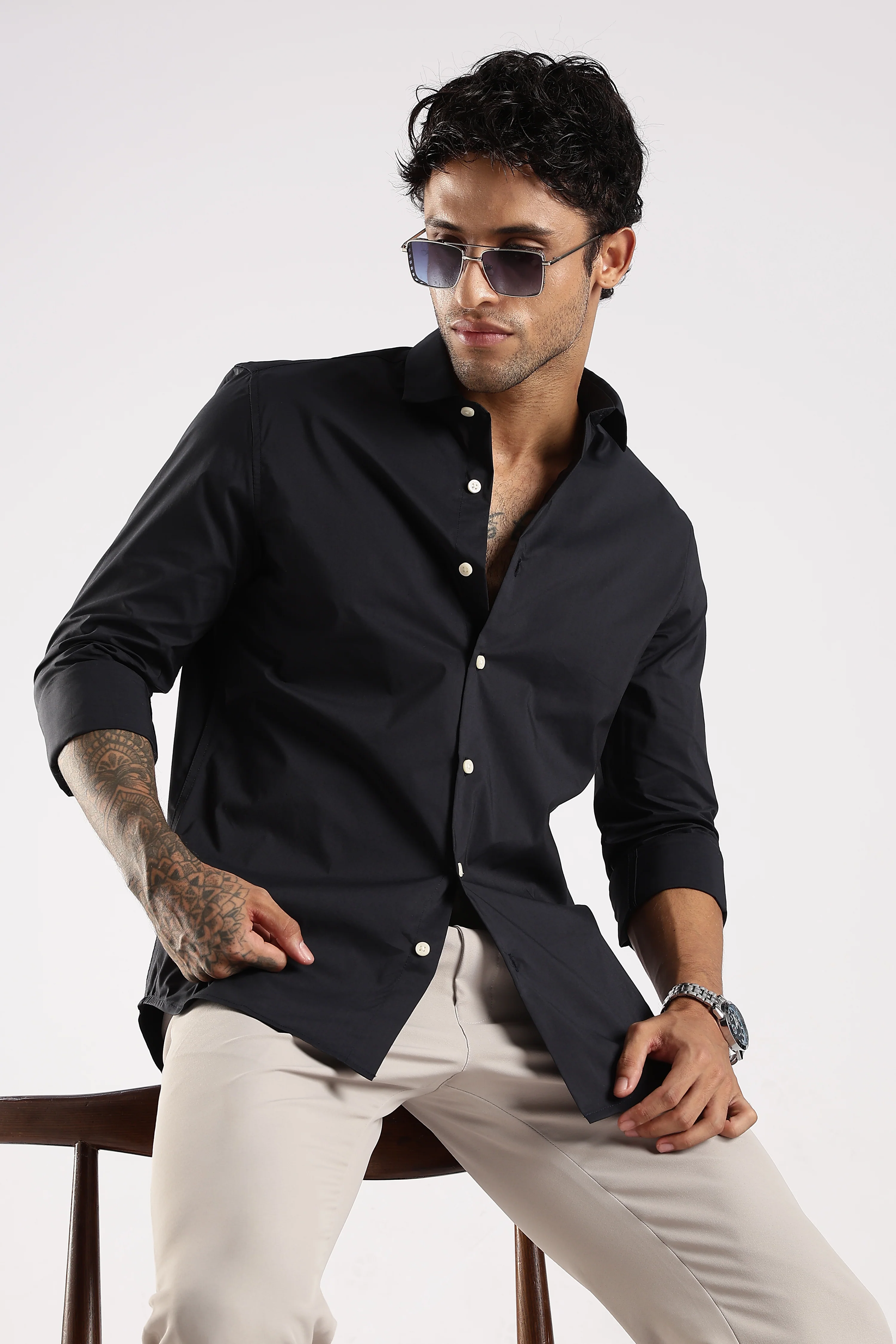 Men Navy Blue Cotton Slim Fit Shirt - Image 9