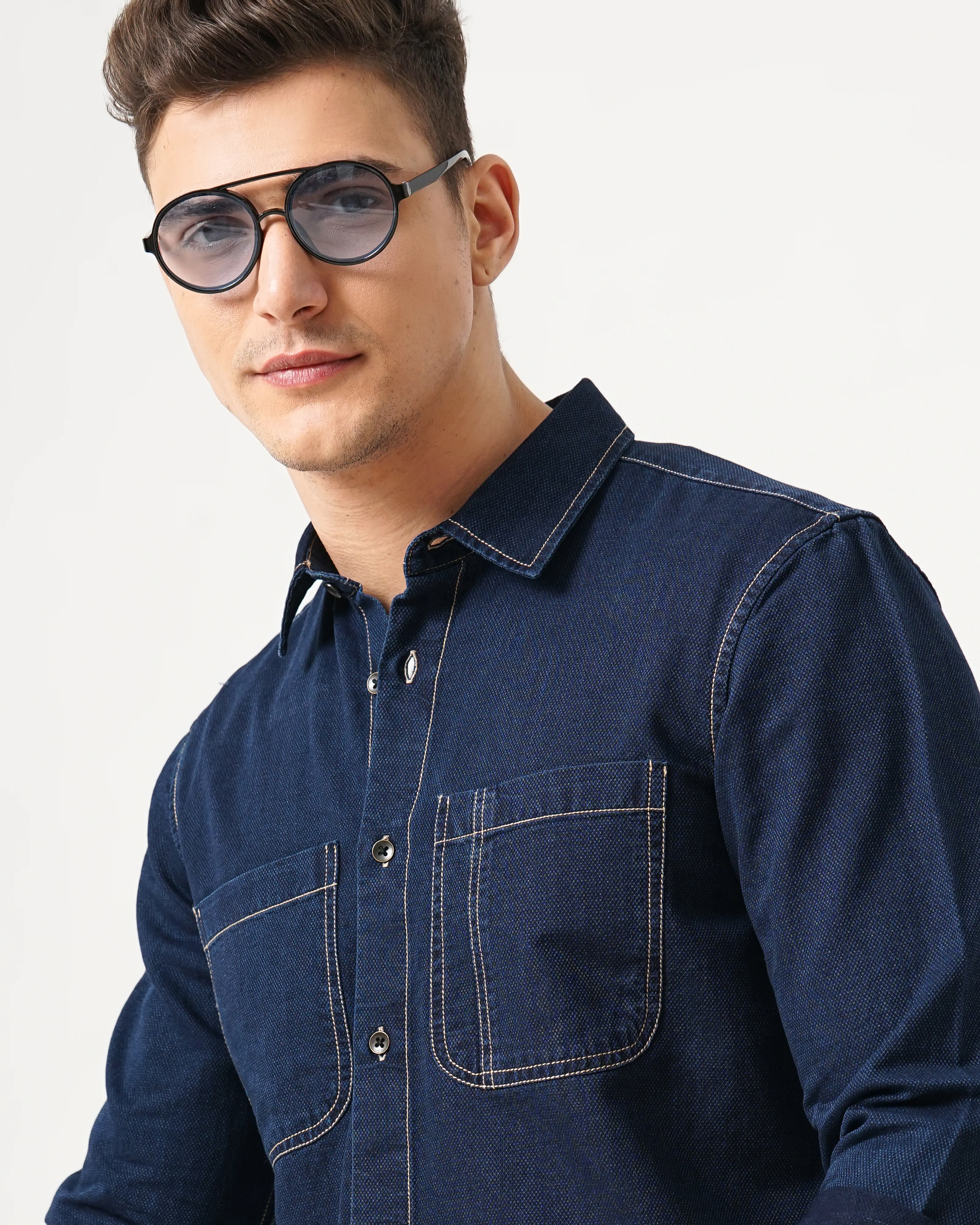Men Navy Blue Cotton Slim Shirt - Image 2