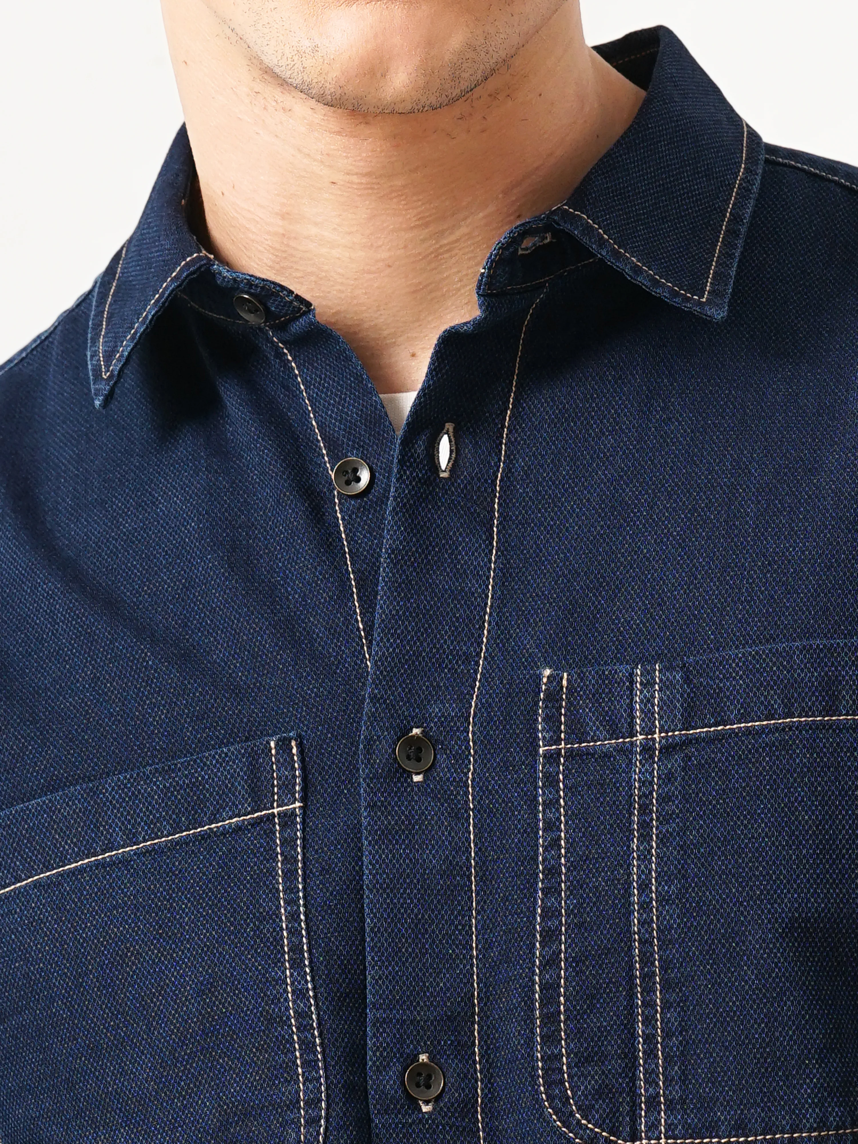 Men Navy Blue Cotton Slim Shirt - Image 3