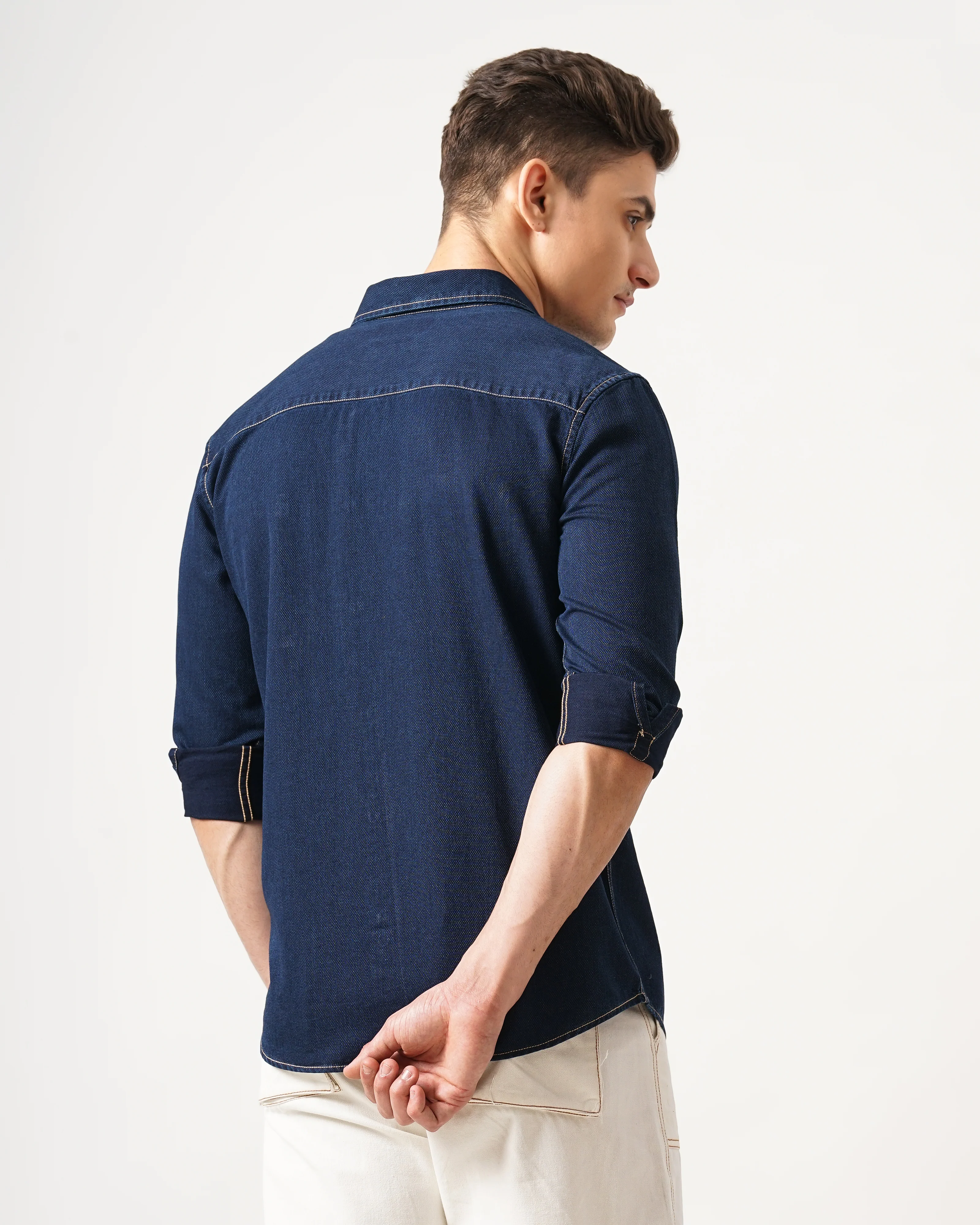 Men Navy Blue Cotton Slim Shirt - Image 4