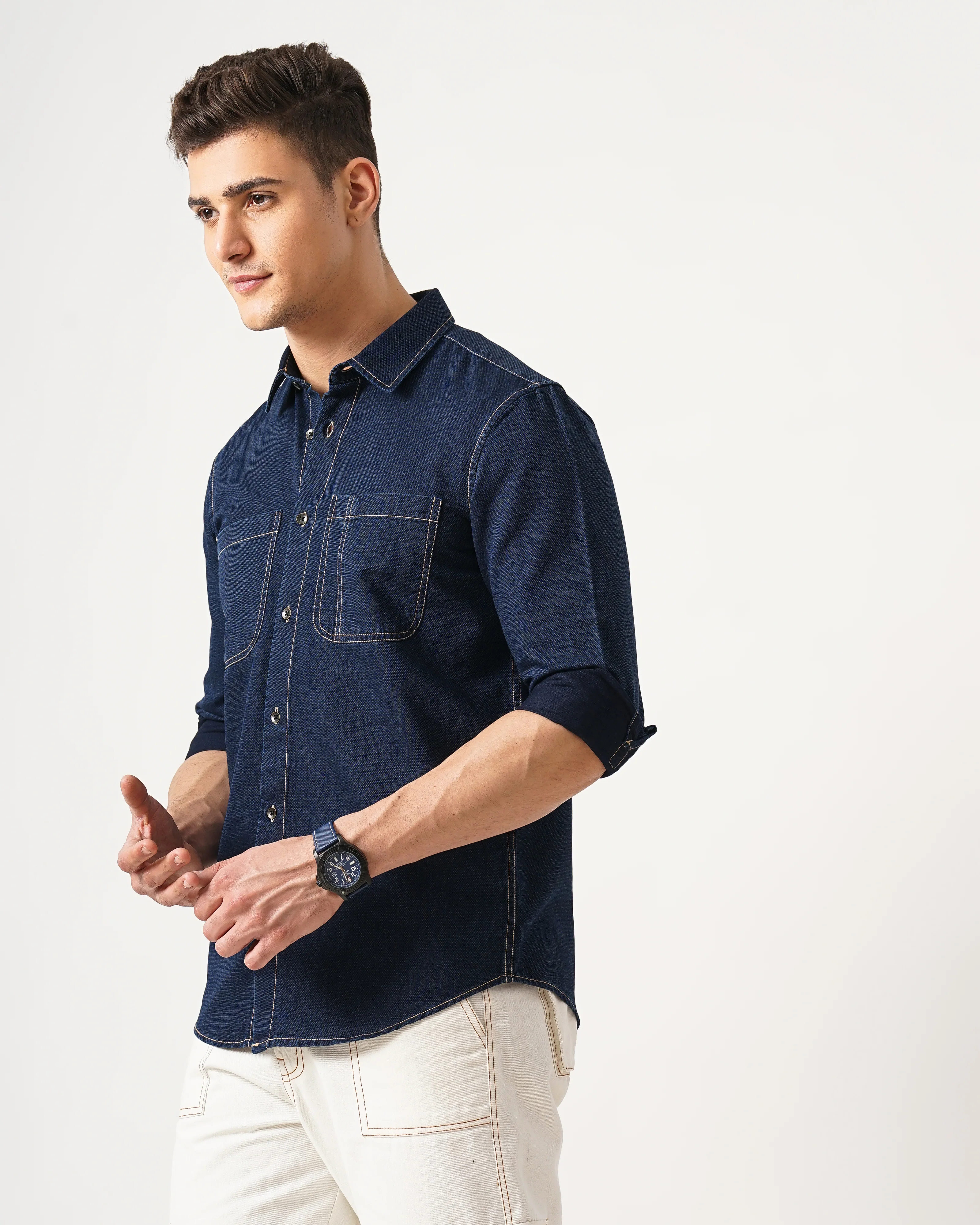 Men Navy Blue Cotton Slim Shirt - Image 5