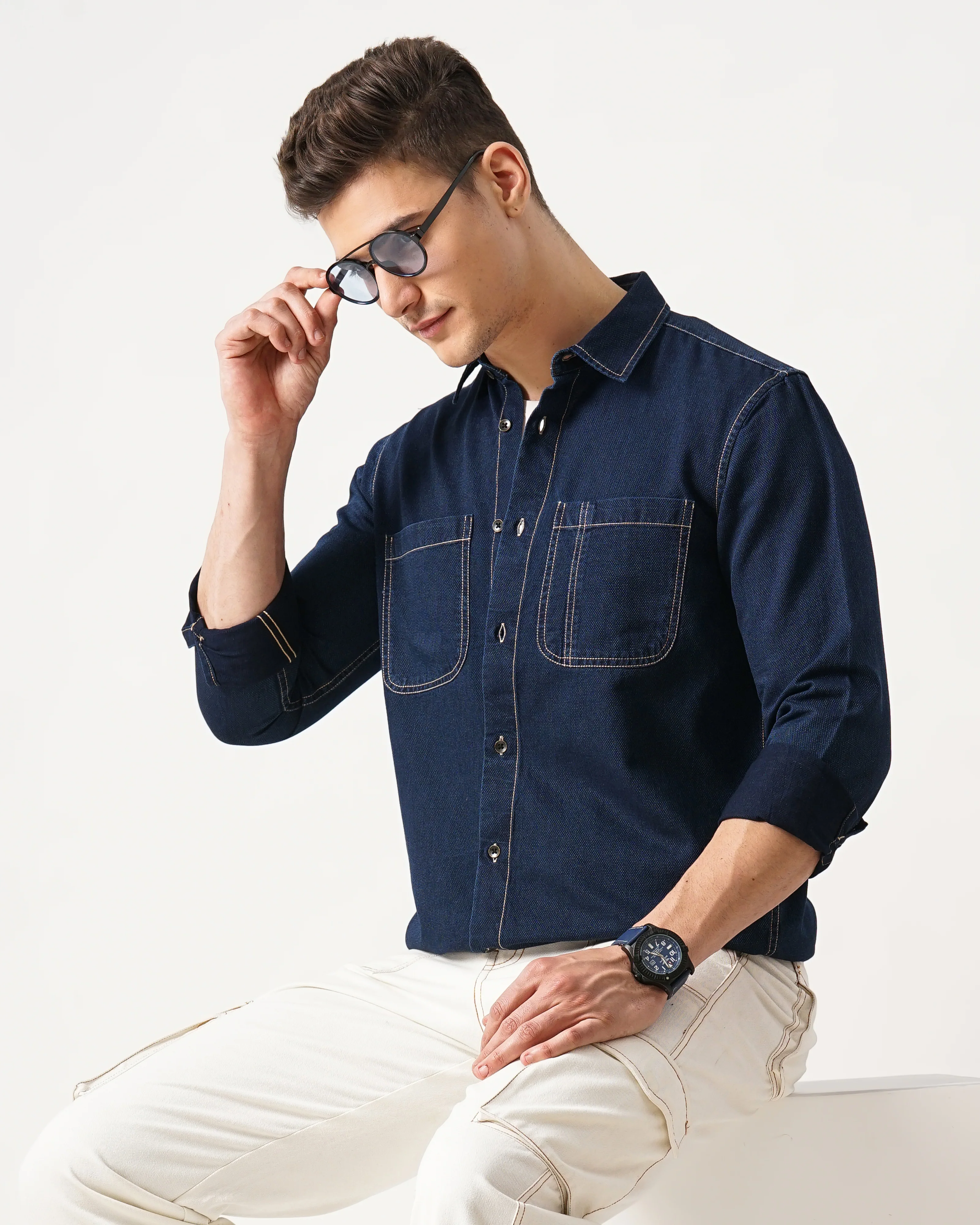 Men Navy Blue Cotton Slim Shirt - Image 6