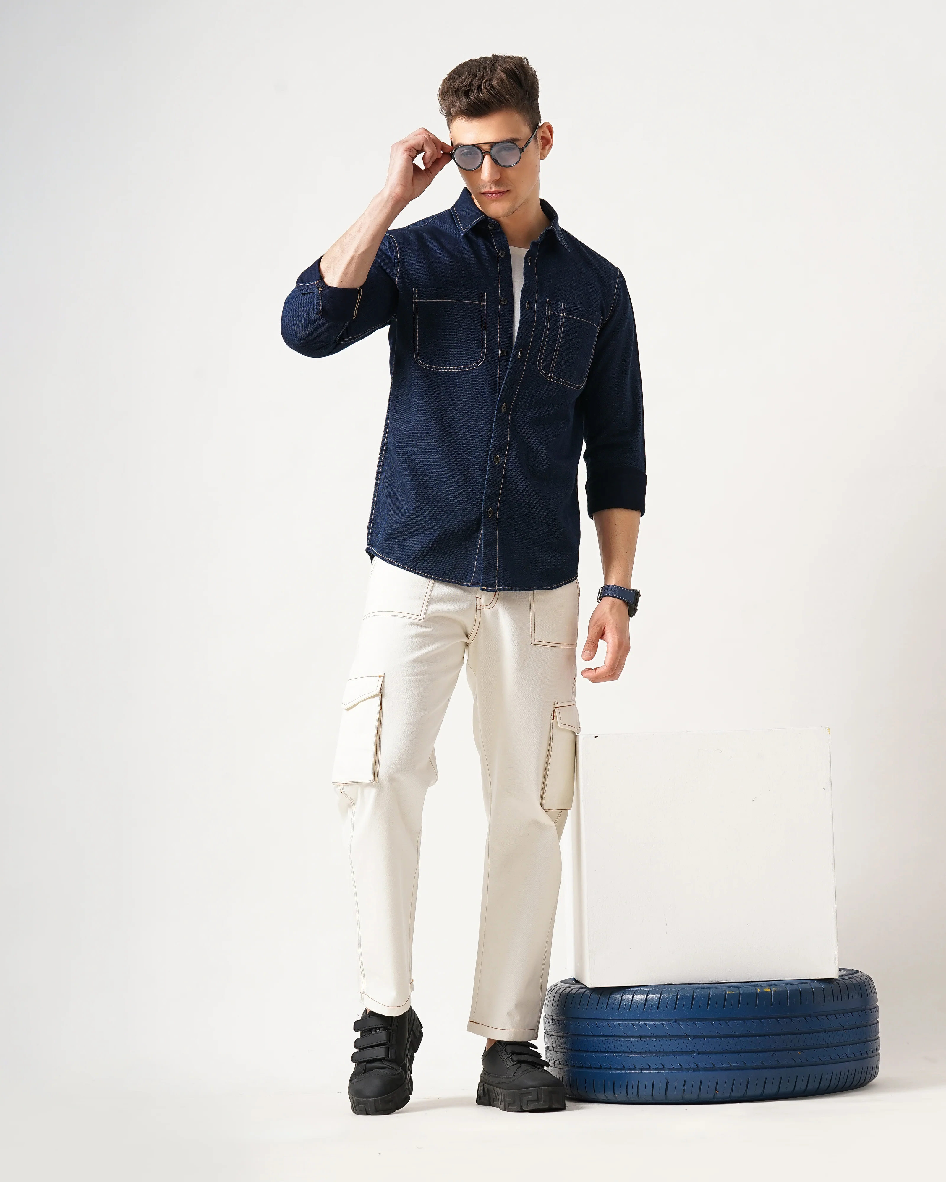 Men Navy Blue Cotton Slim Shirt - Image 7