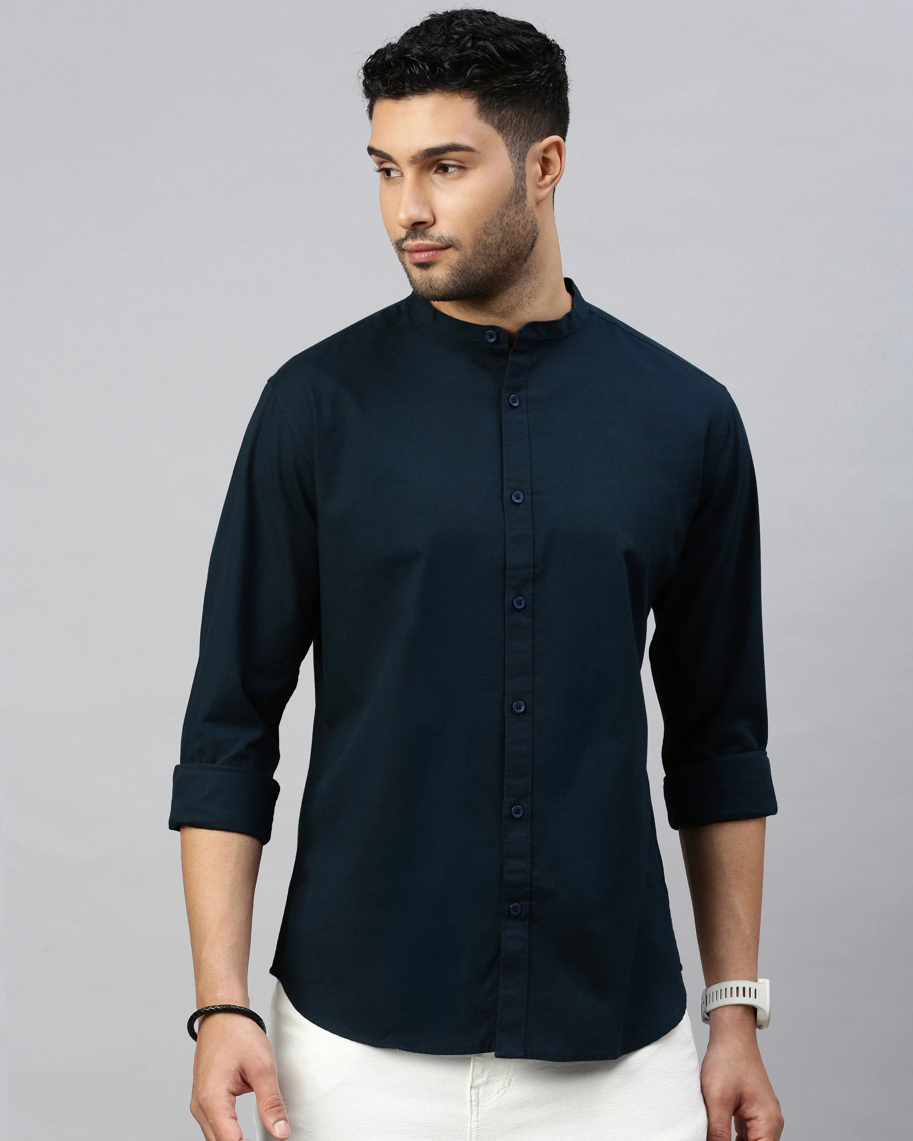 Men Navy Blue Cotton Slim Shirt - Image 3