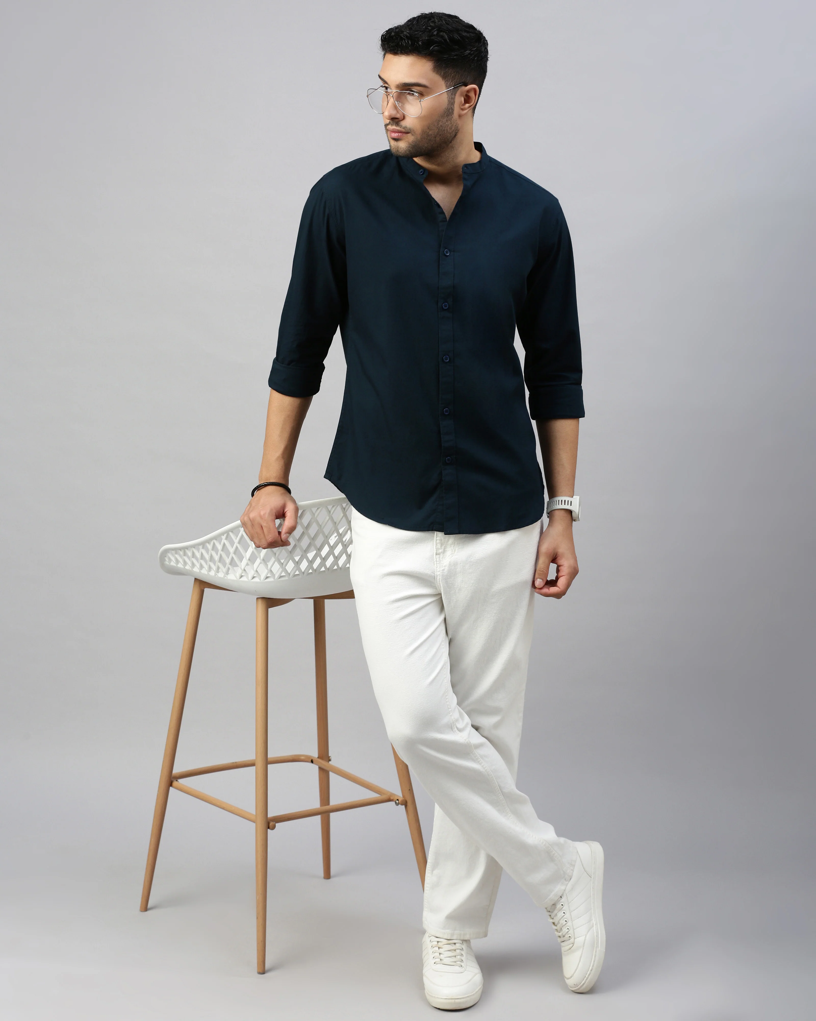 Men Navy Blue Cotton Slim Shirt - Image 6