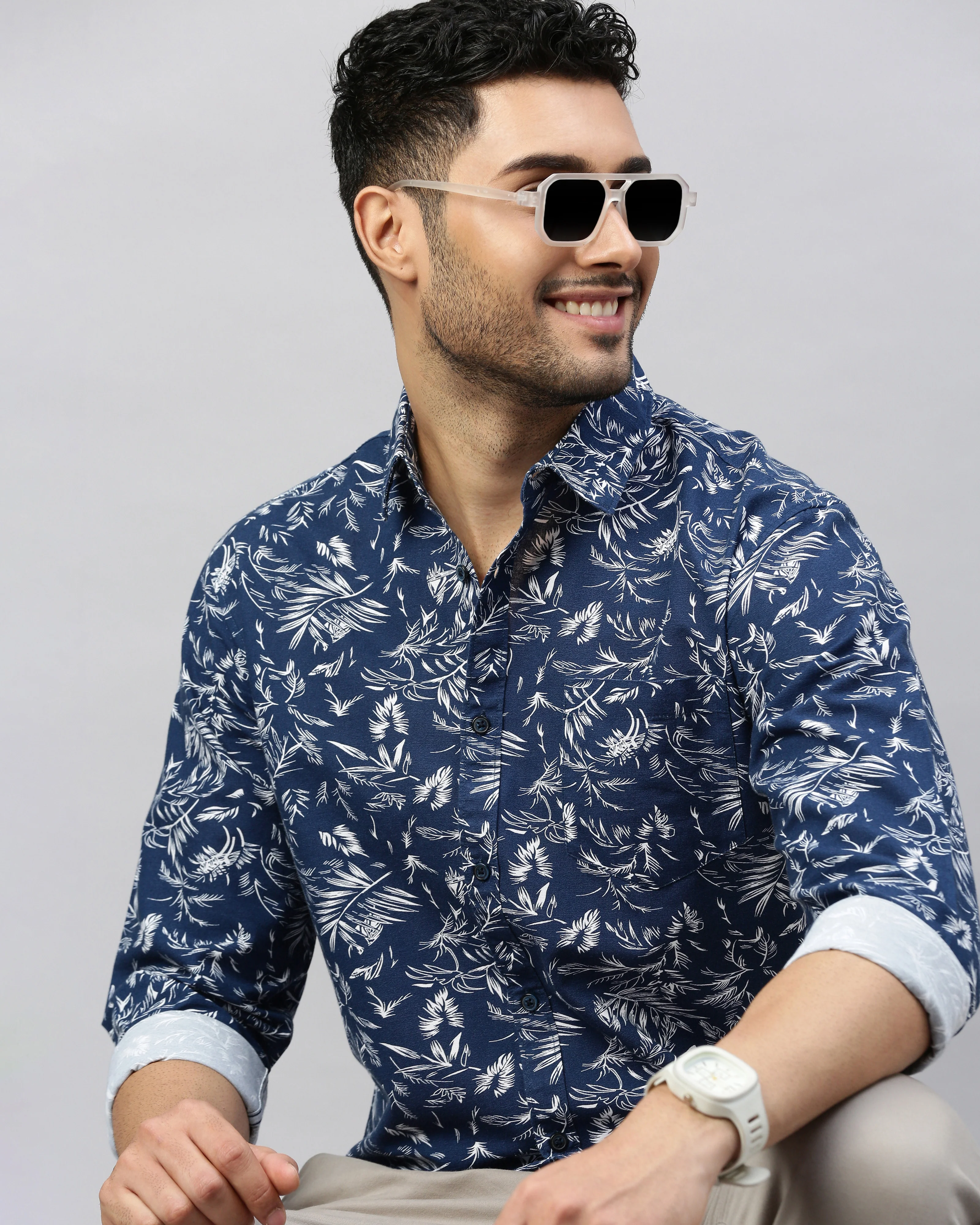 Men Navy Blue Cotton Slim Shirt - Image 5