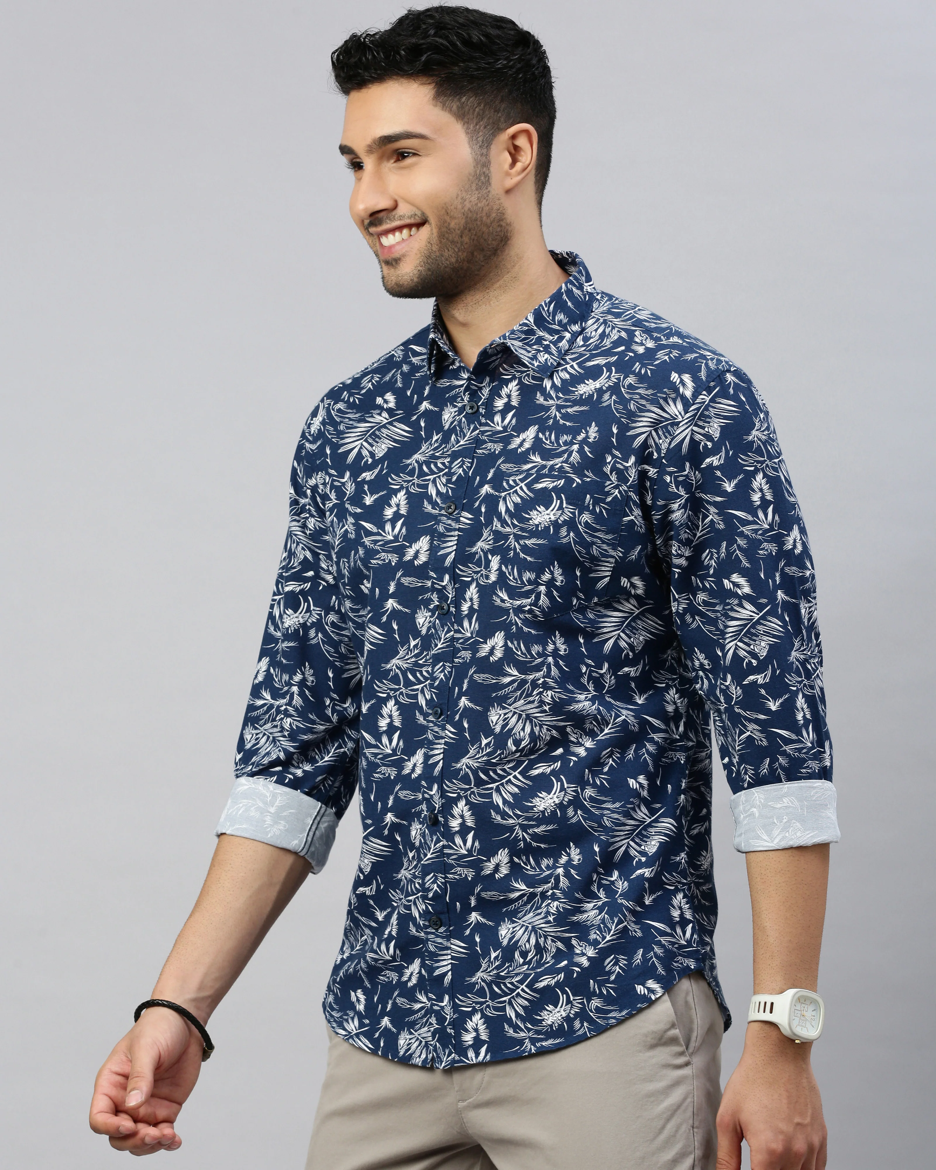 Men Navy Blue Cotton Slim Shirt - Image 6