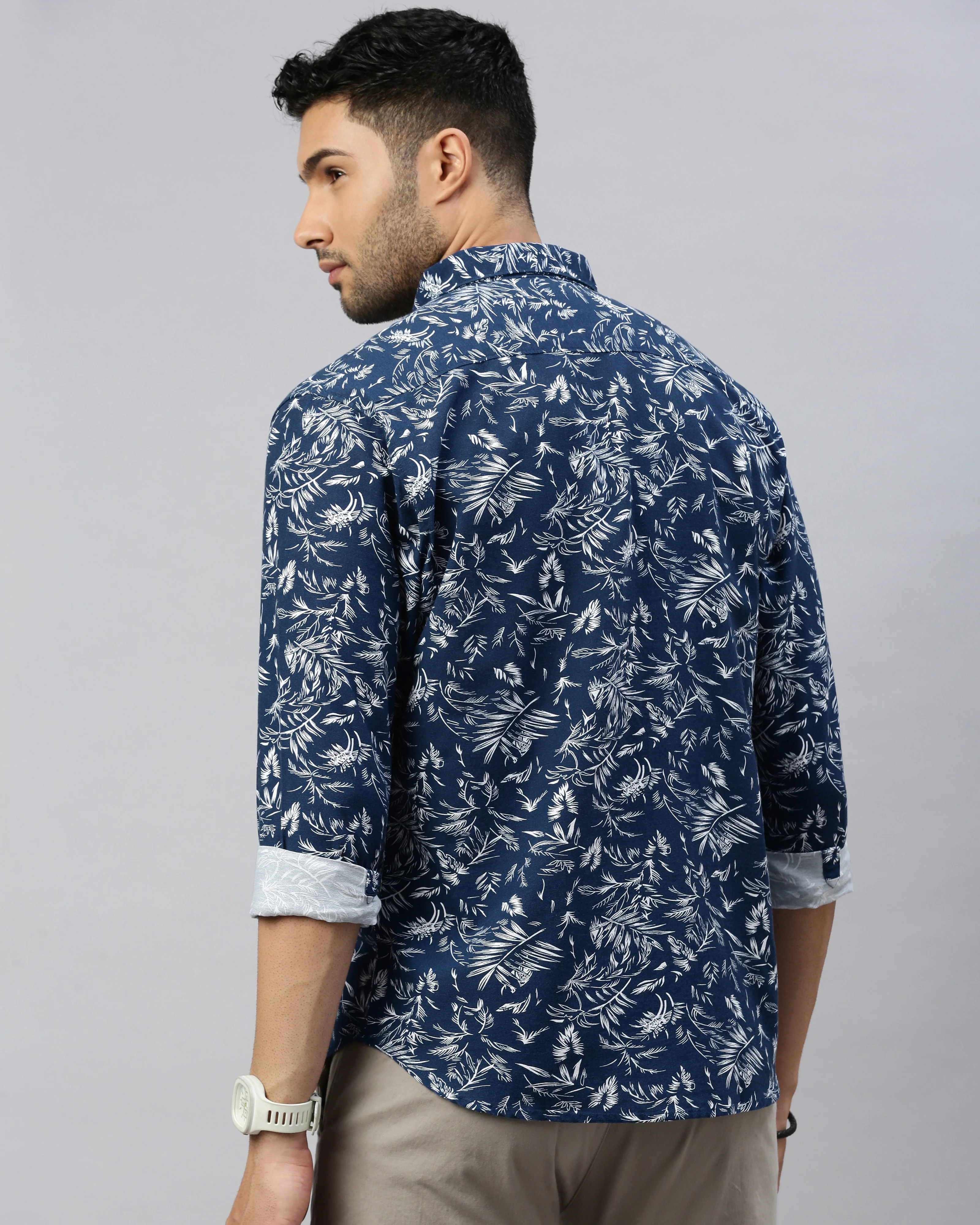 Men Navy Blue Cotton Slim Shirt - Image 7