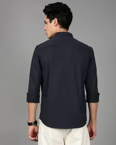 Men Navy Blue Cotton Twill Shirt - Image 2