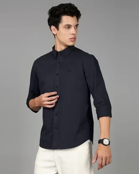 Men Navy Blue Cotton Twill Shirt - Image 4