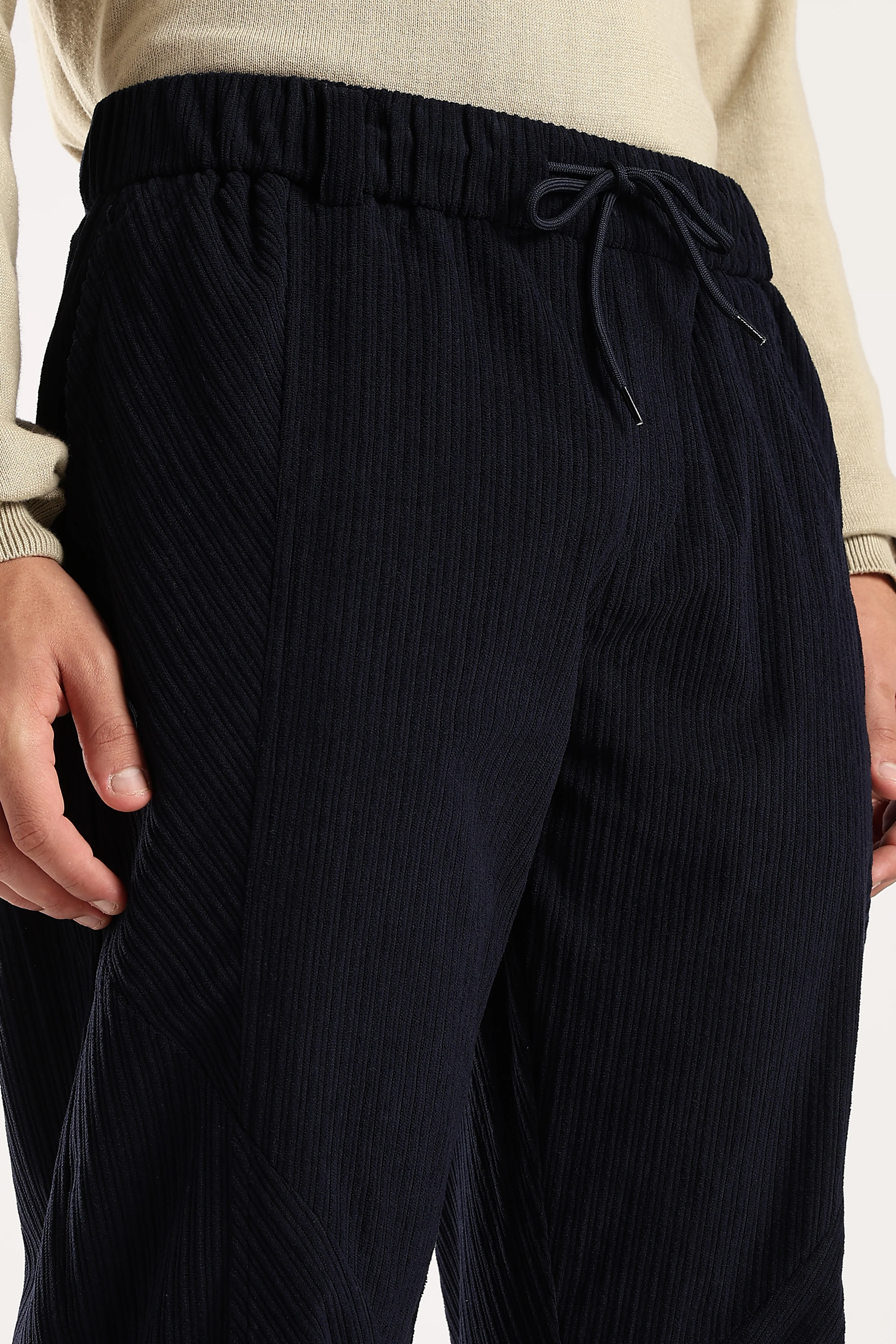 Men Navy Blue Textured Drawcord Trousers - Image 10