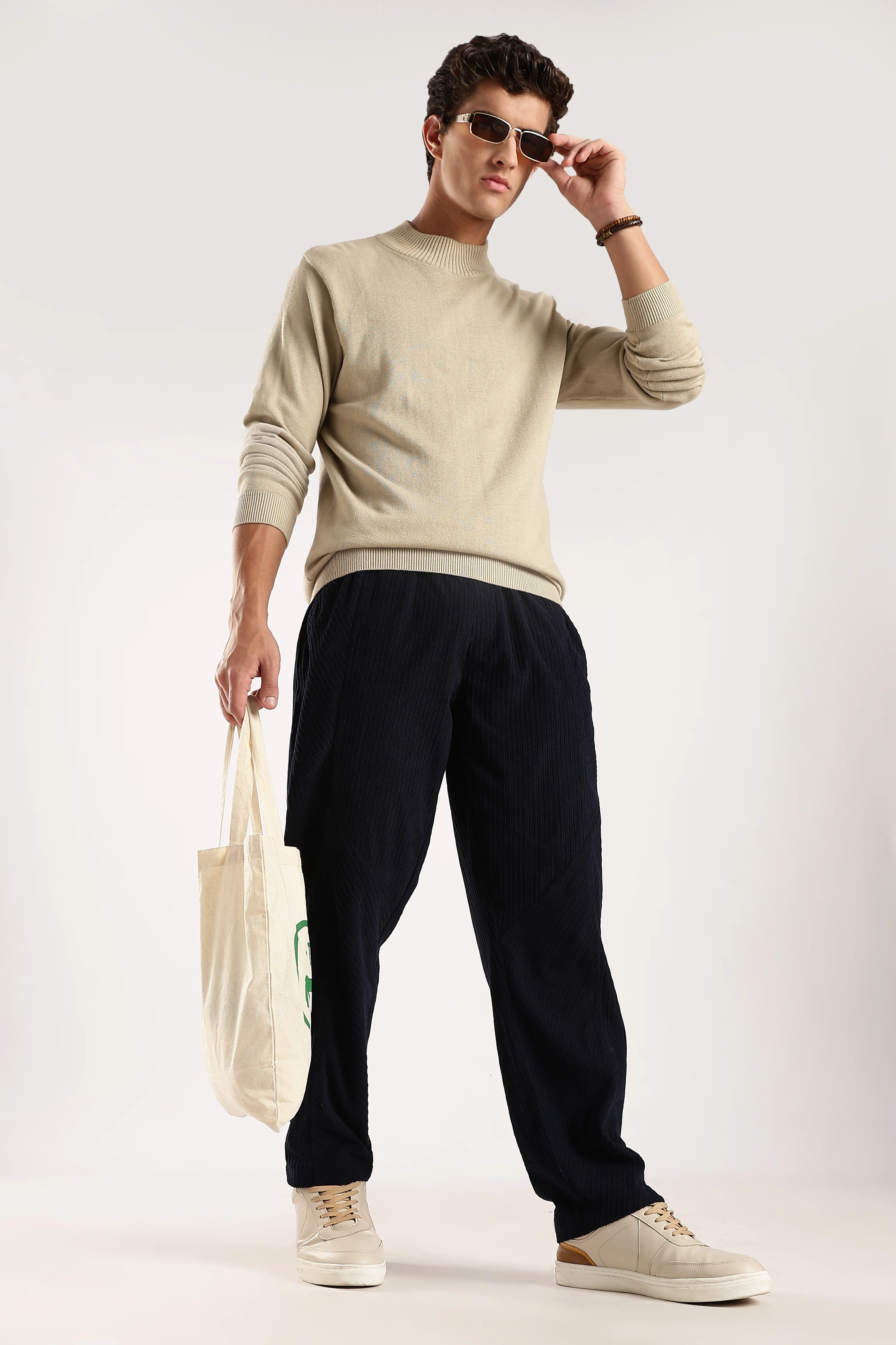 Men Navy Blue Textured Drawcord Trousers - Image 2