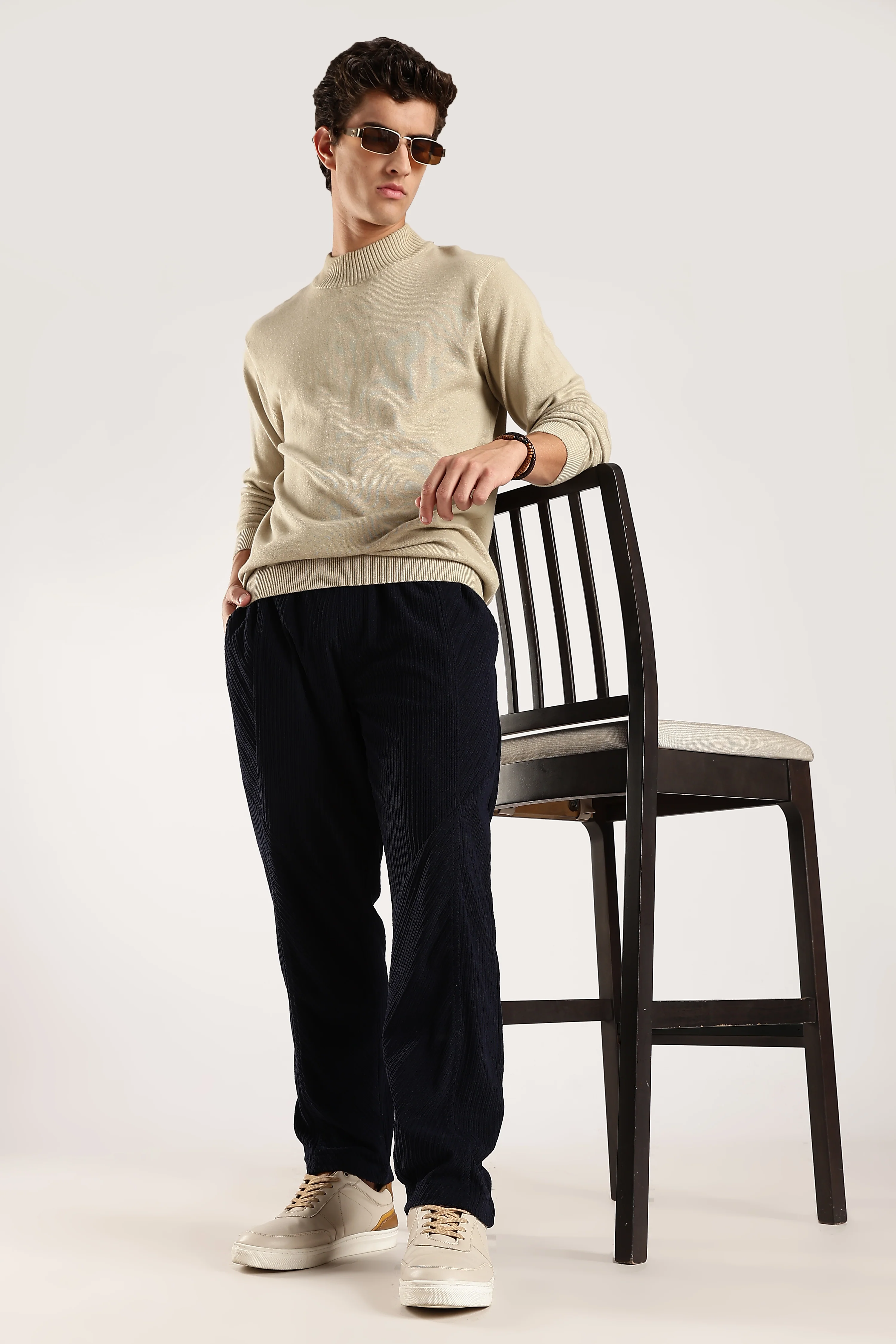 Men Navy Blue Textured Drawcord Trousers - Image 4
