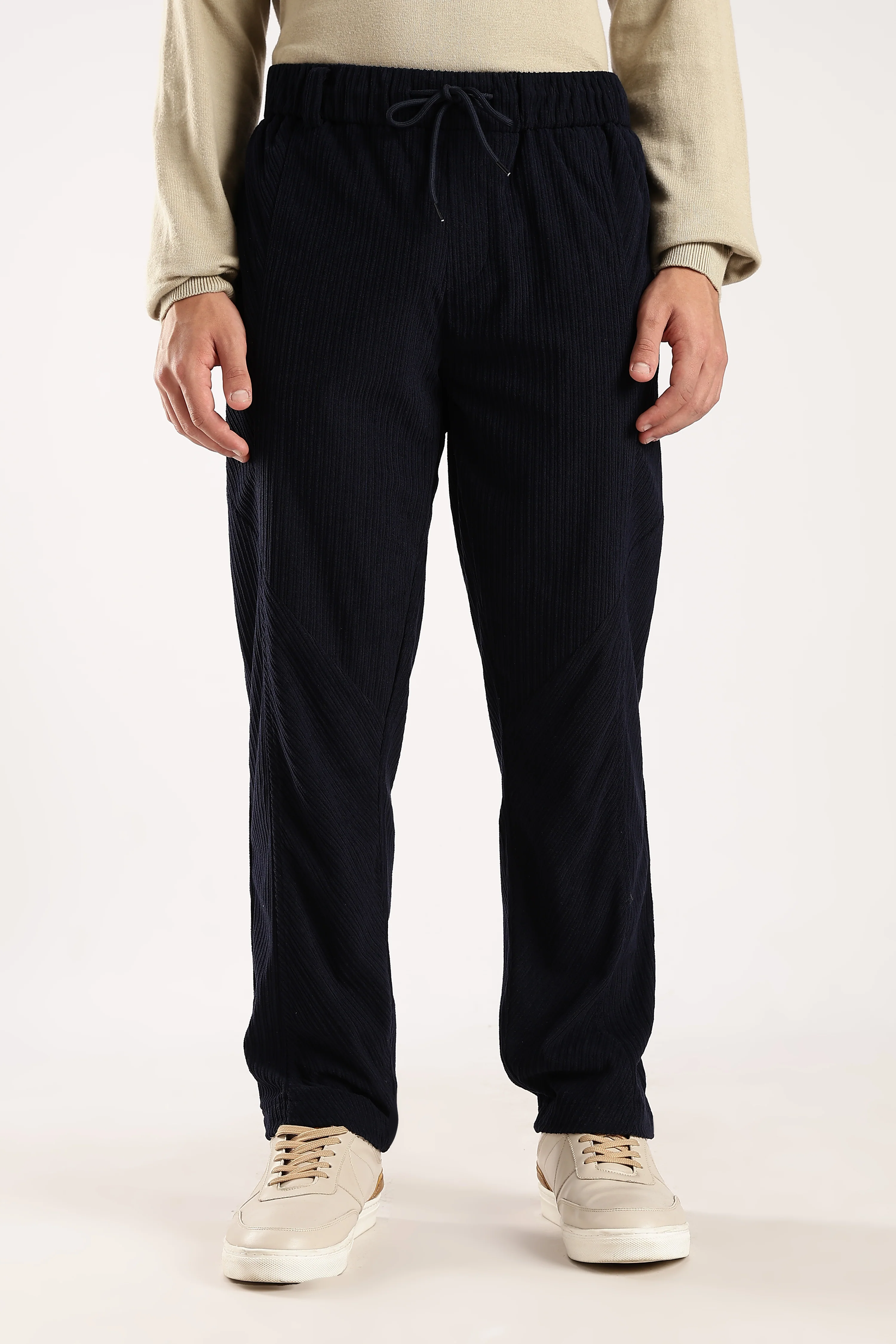 Men Navy Blue Textured Drawcord Trousers - Image 7