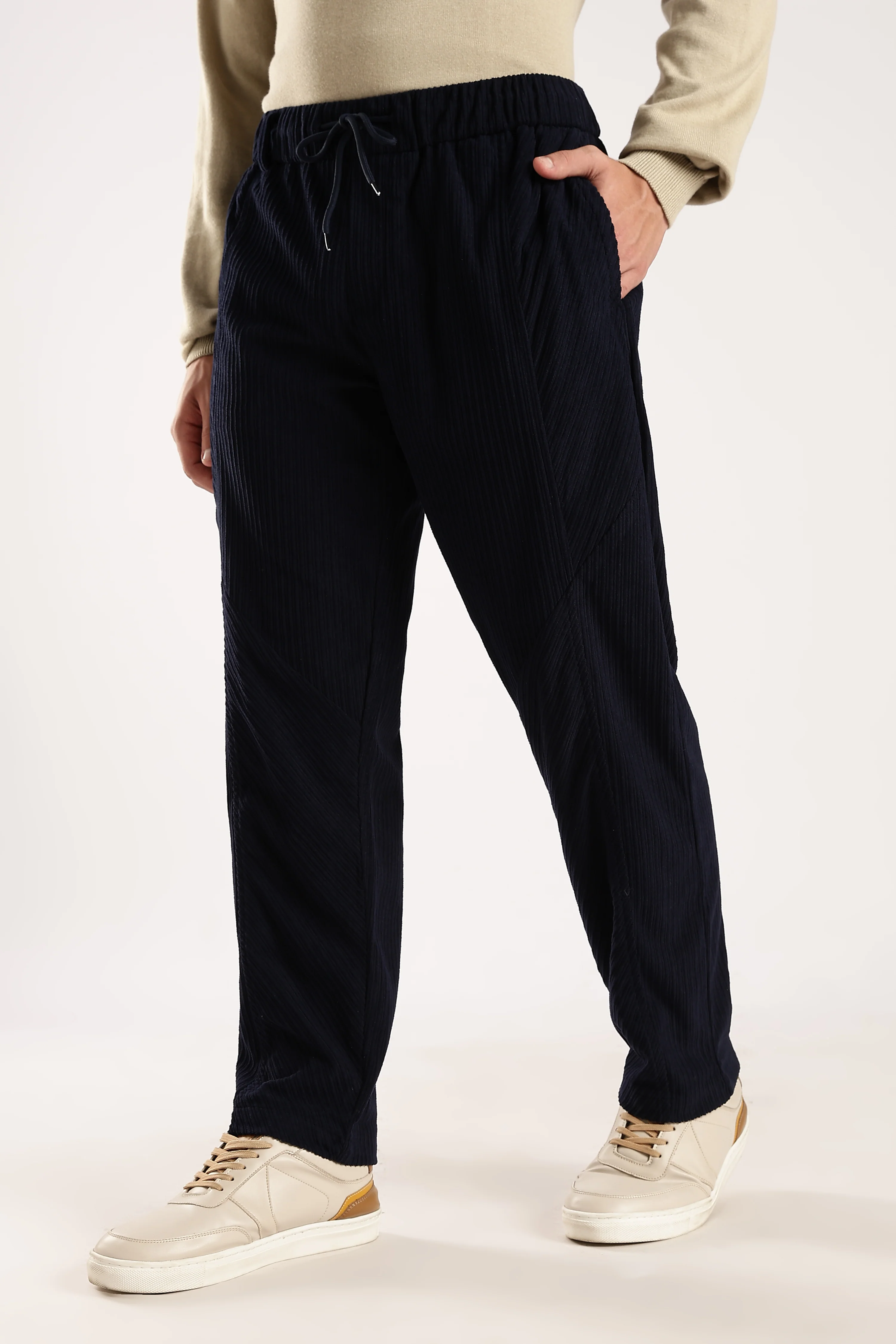 Men Navy Blue Textured Drawcord Trousers - Image 8