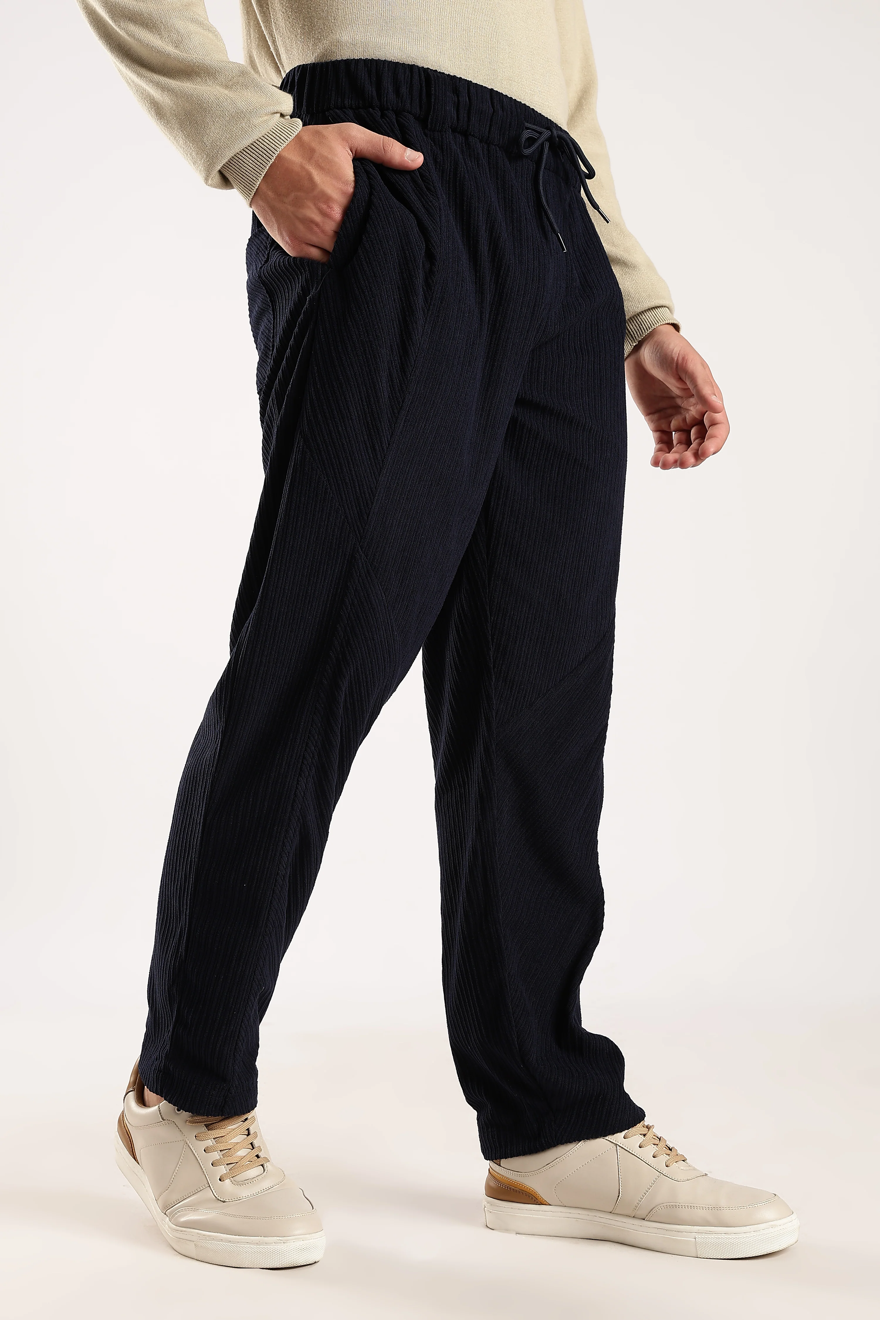 Men Navy Blue Textured Drawcord Trousers - Image 9