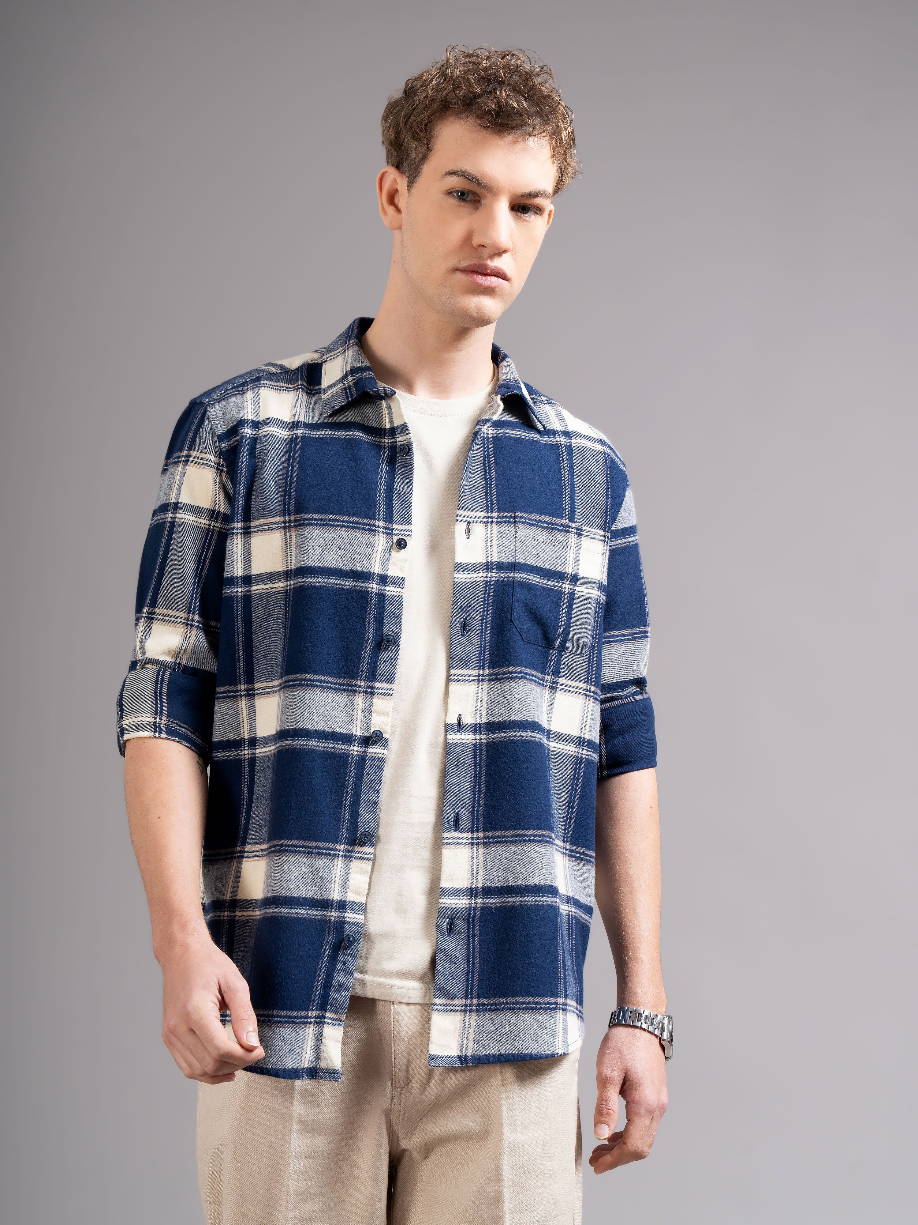 Men Navy Blue Flannel Checked Shirt