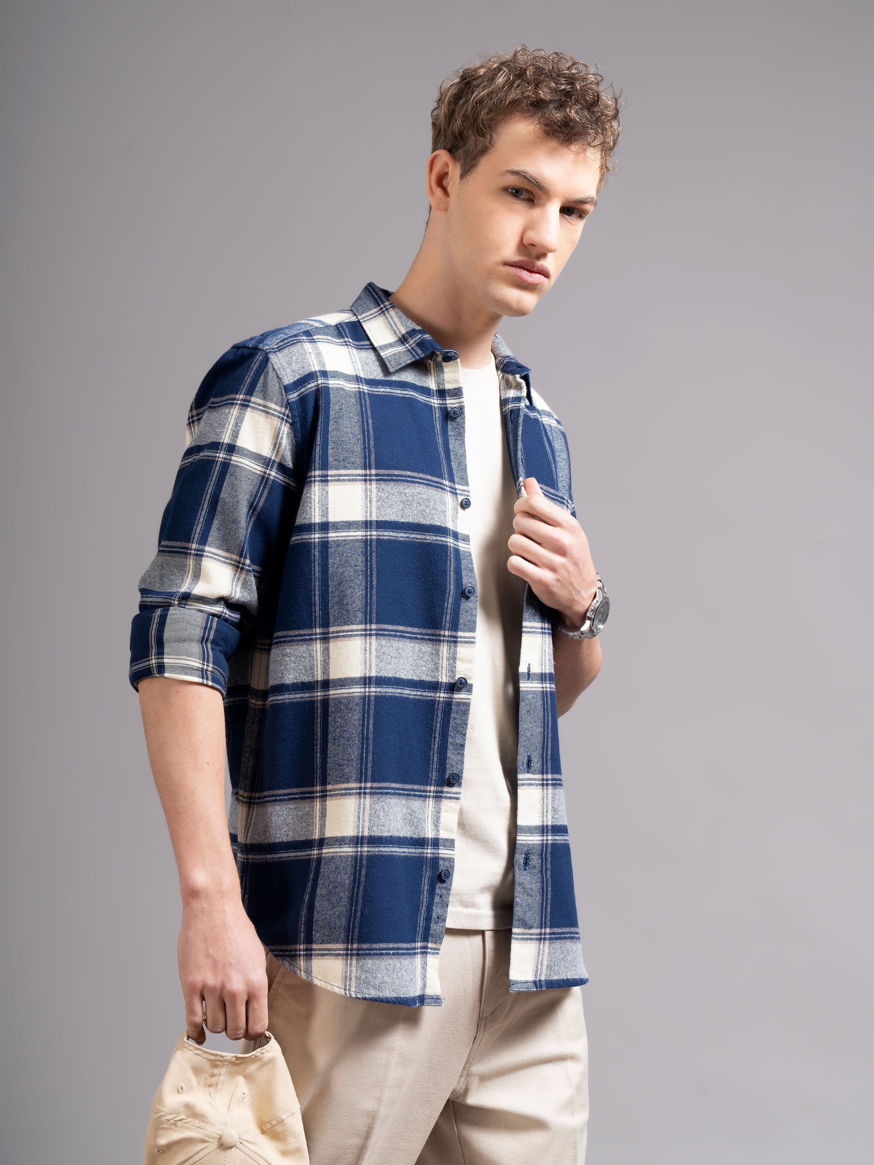 Men Navy Blue Flannel Checked Shirt - Image 2