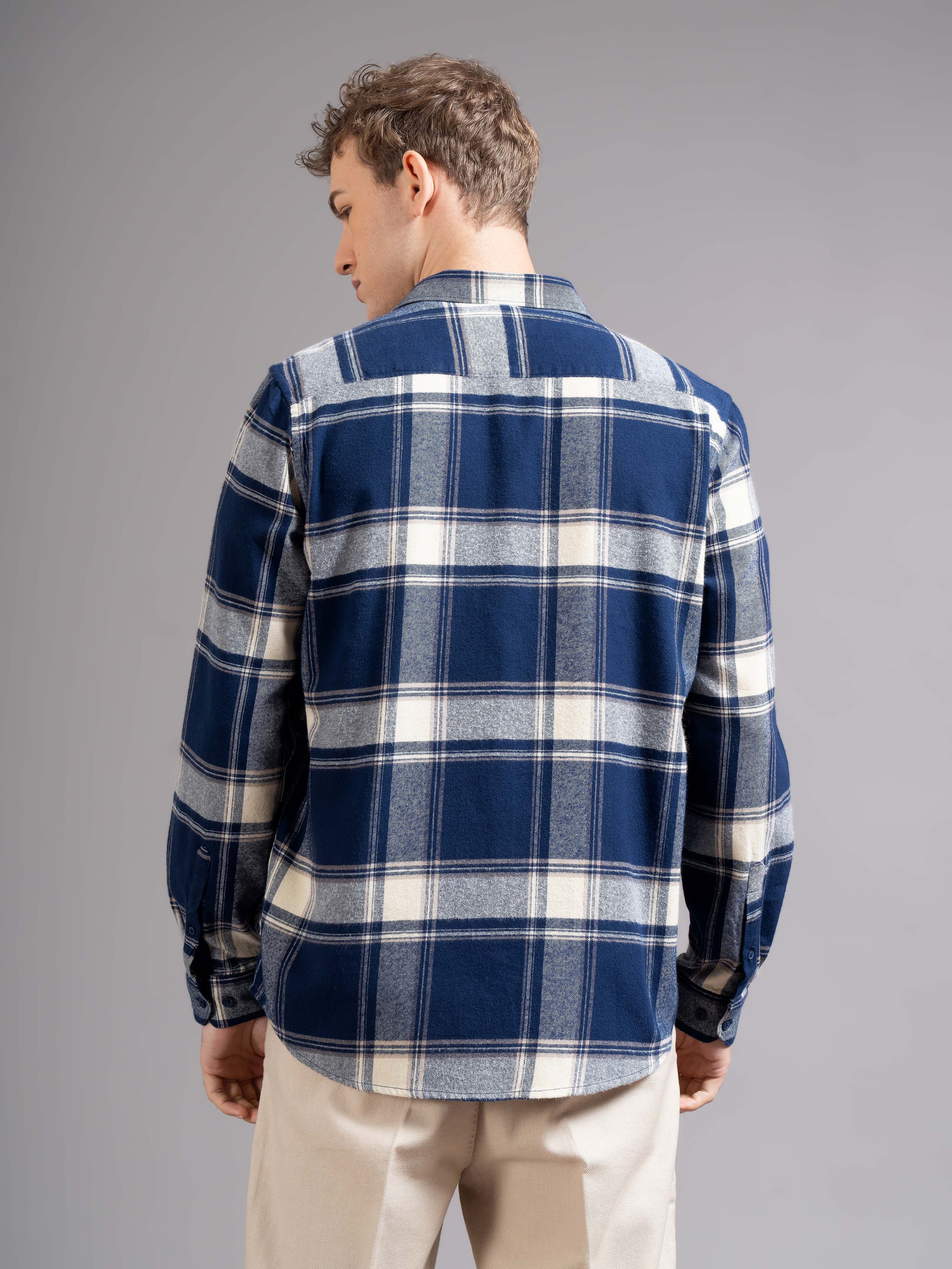 Men Navy Blue Flannel Checked Shirt - Image 3