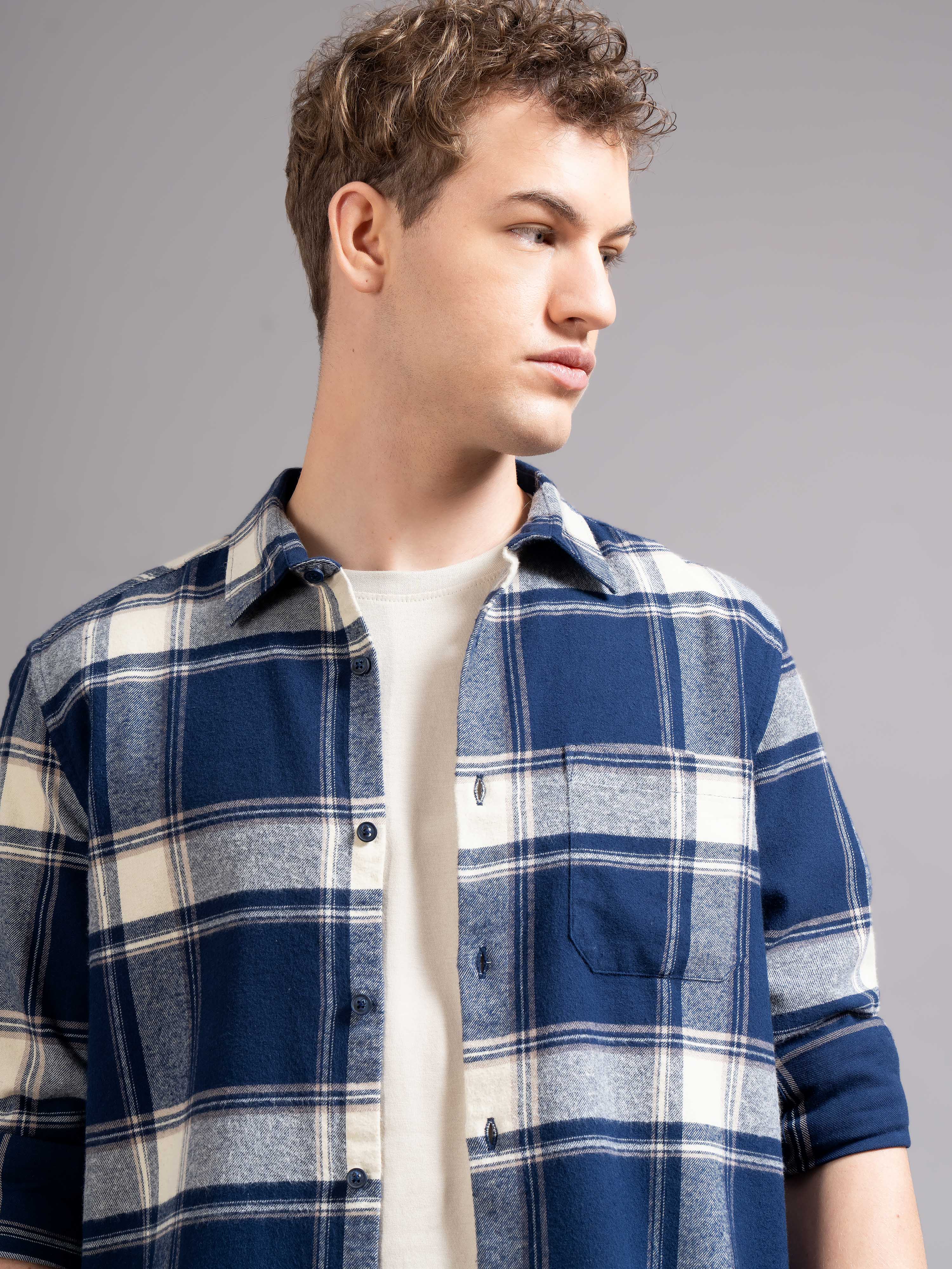Men Navy Blue Flannel Checked Shirt - Image 4