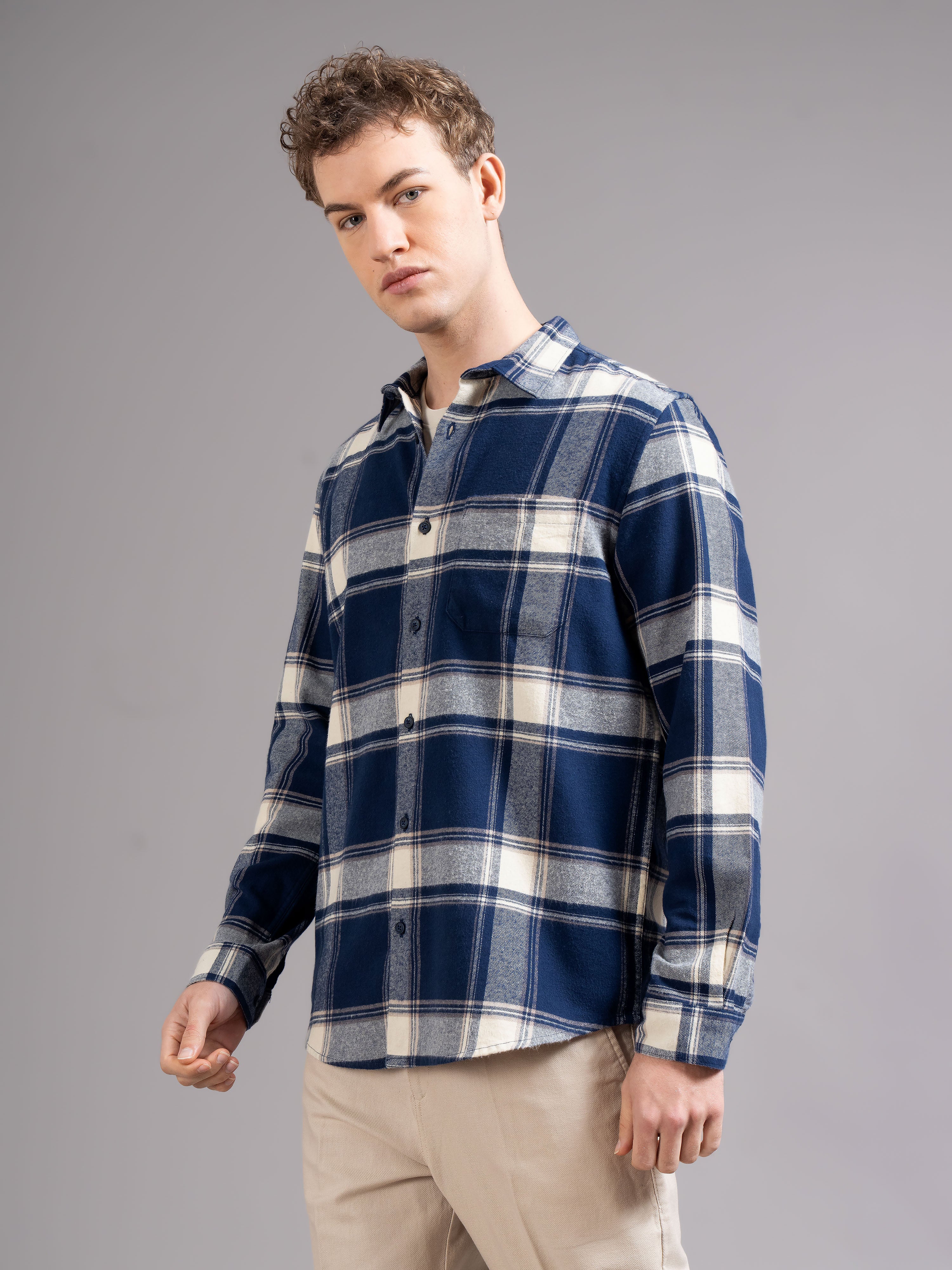 Men Navy Blue Flannel Checked Shirt - Image 6