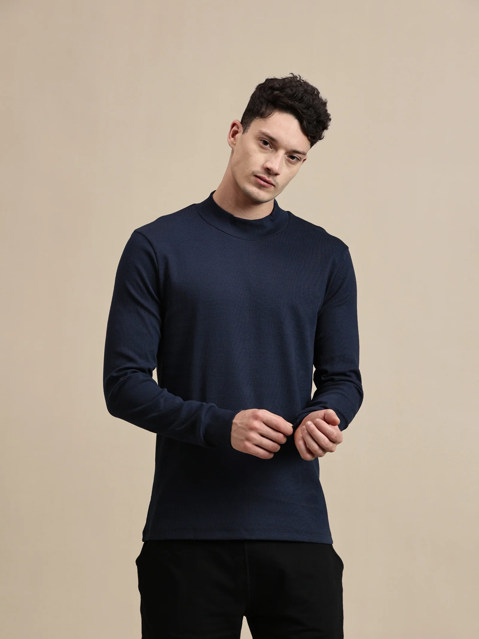 Men Navy Blue Full Sleeve T-Shirt - Image 2