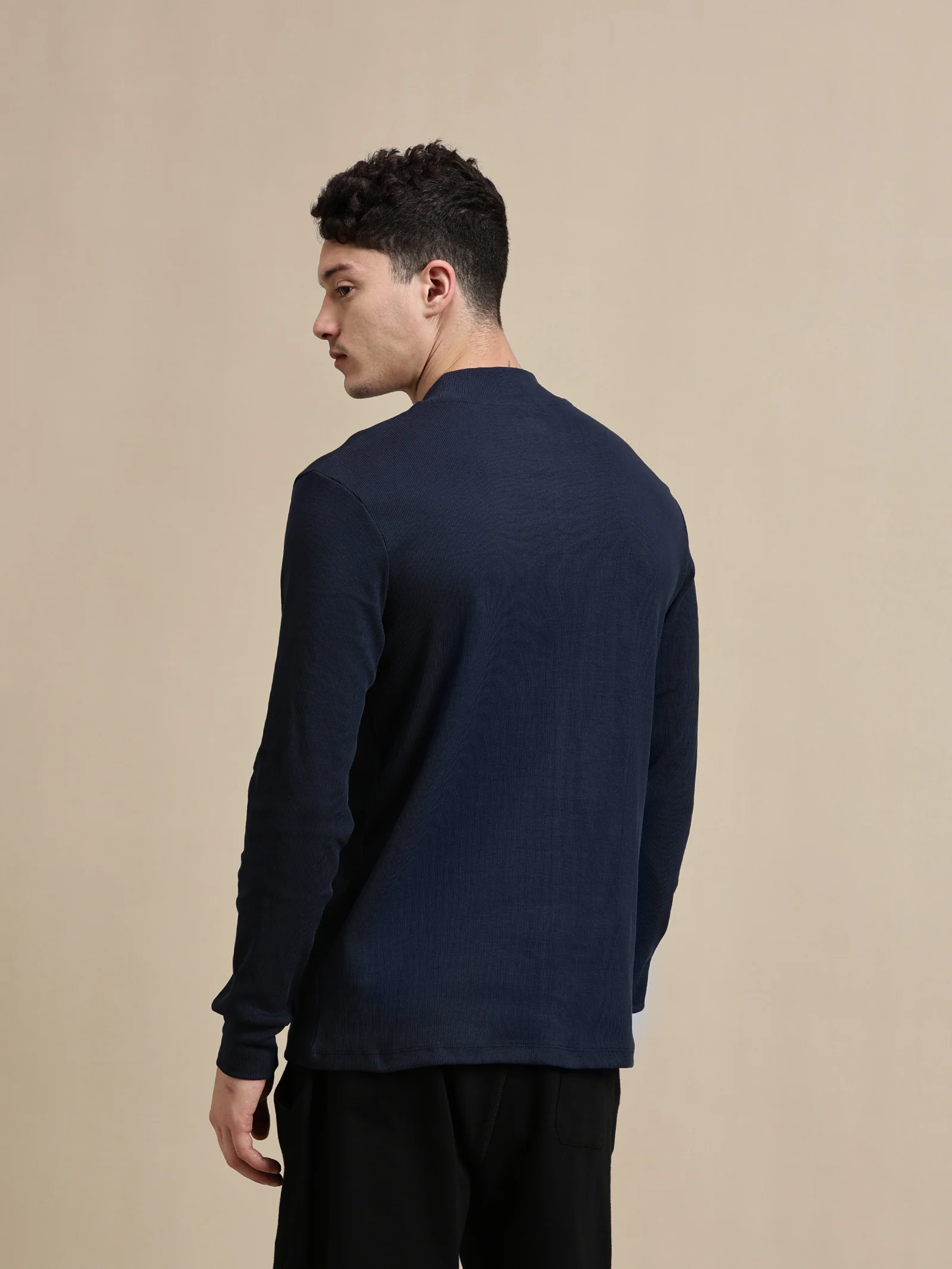Men Navy Blue Full Sleeve T-Shirt - Image 3