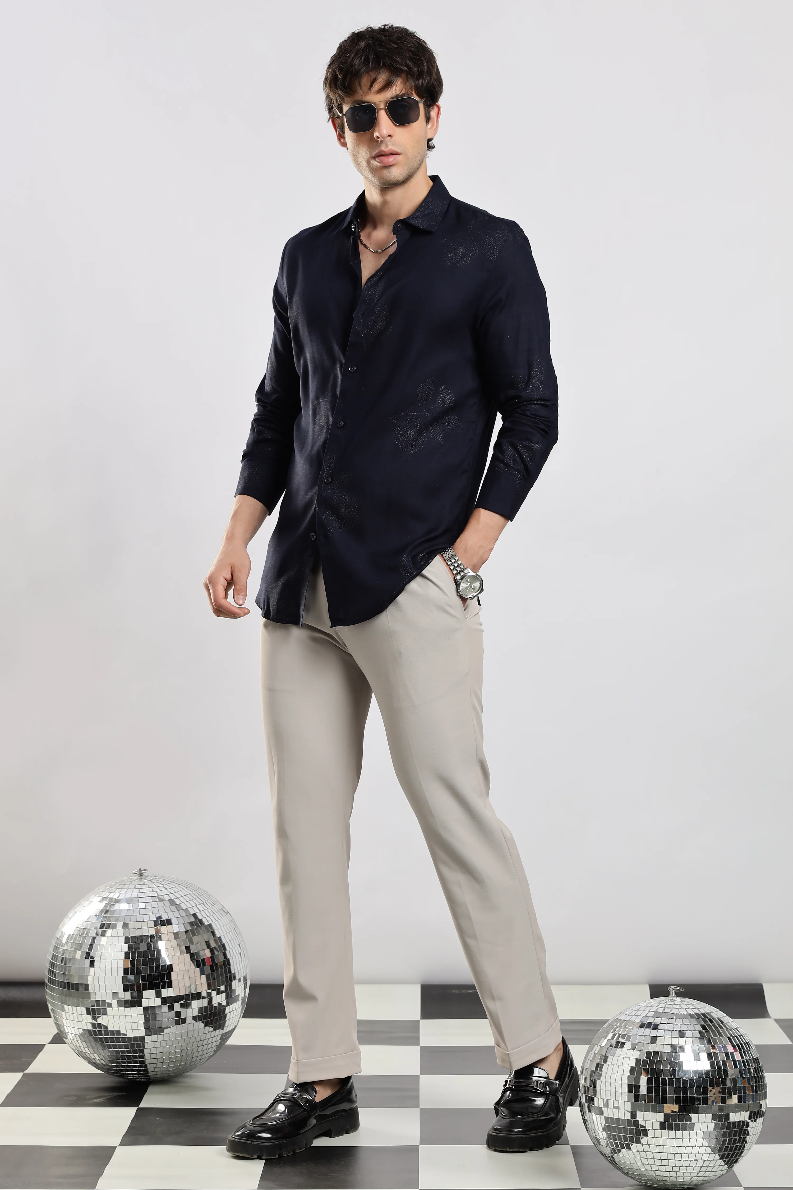 Men Navy Blue Glitter print festive wear - Image 2