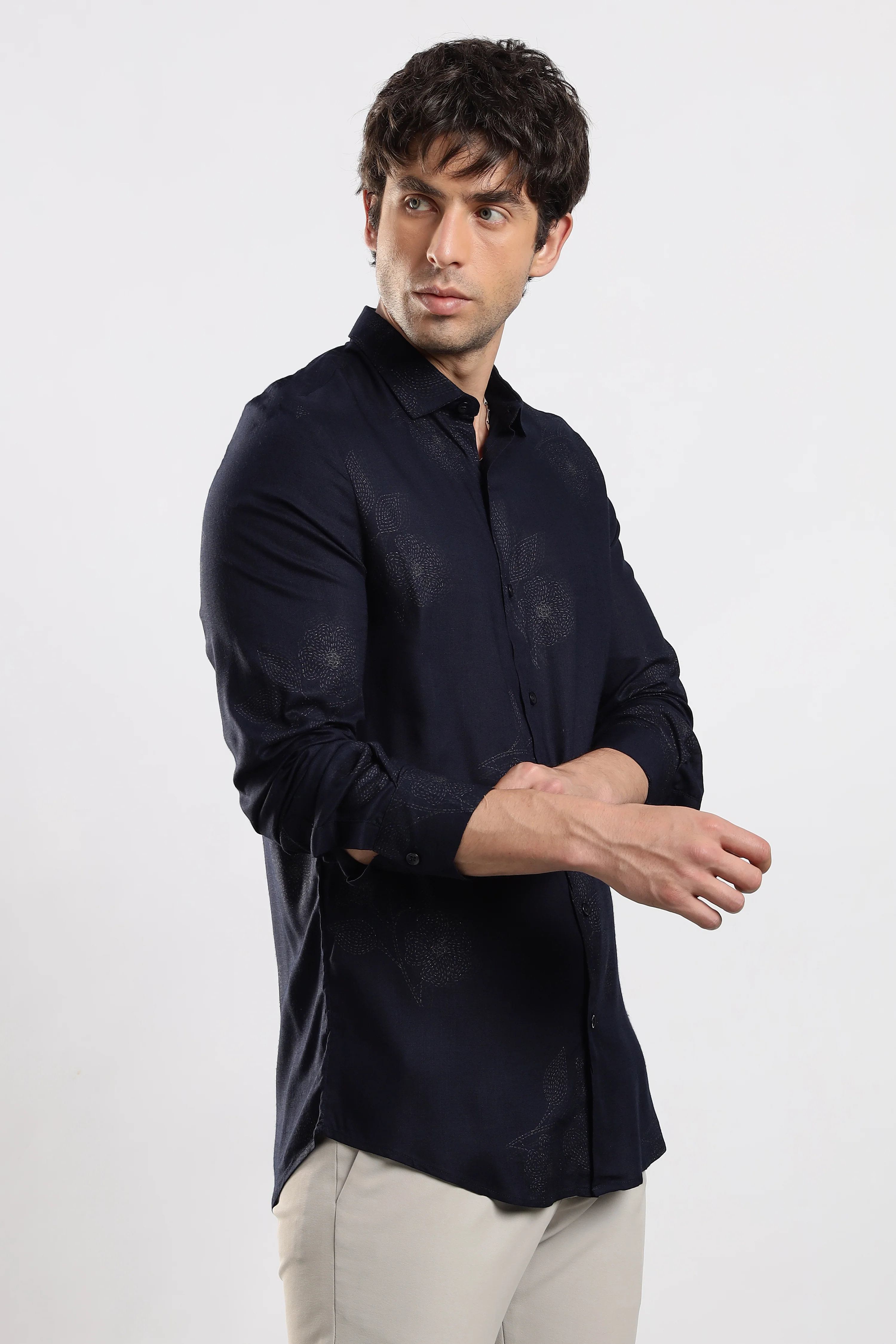 Men Navy Blue Glitter print festive wear - Image 3