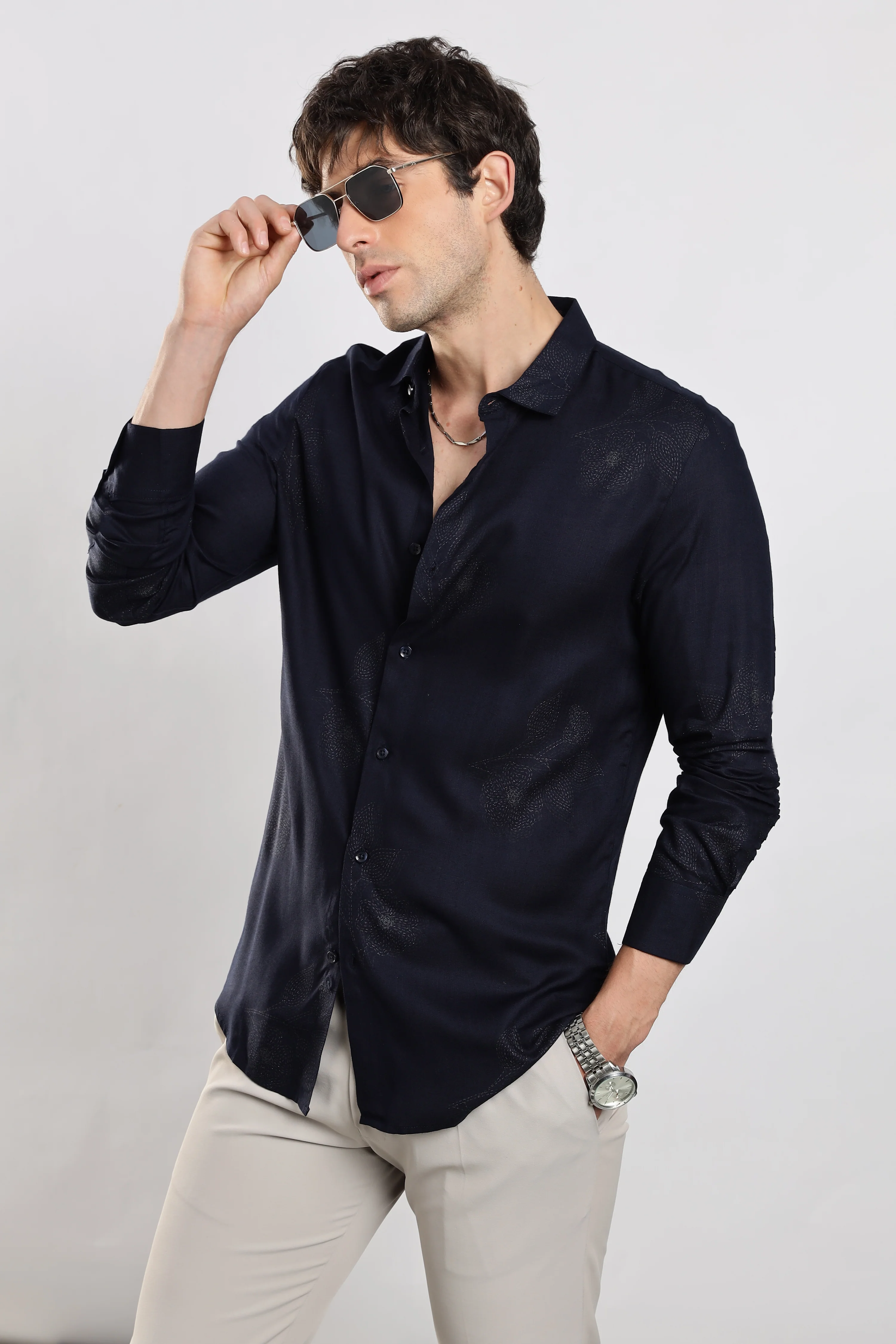 Men Navy Blue Glitter print festive wear - Image 9