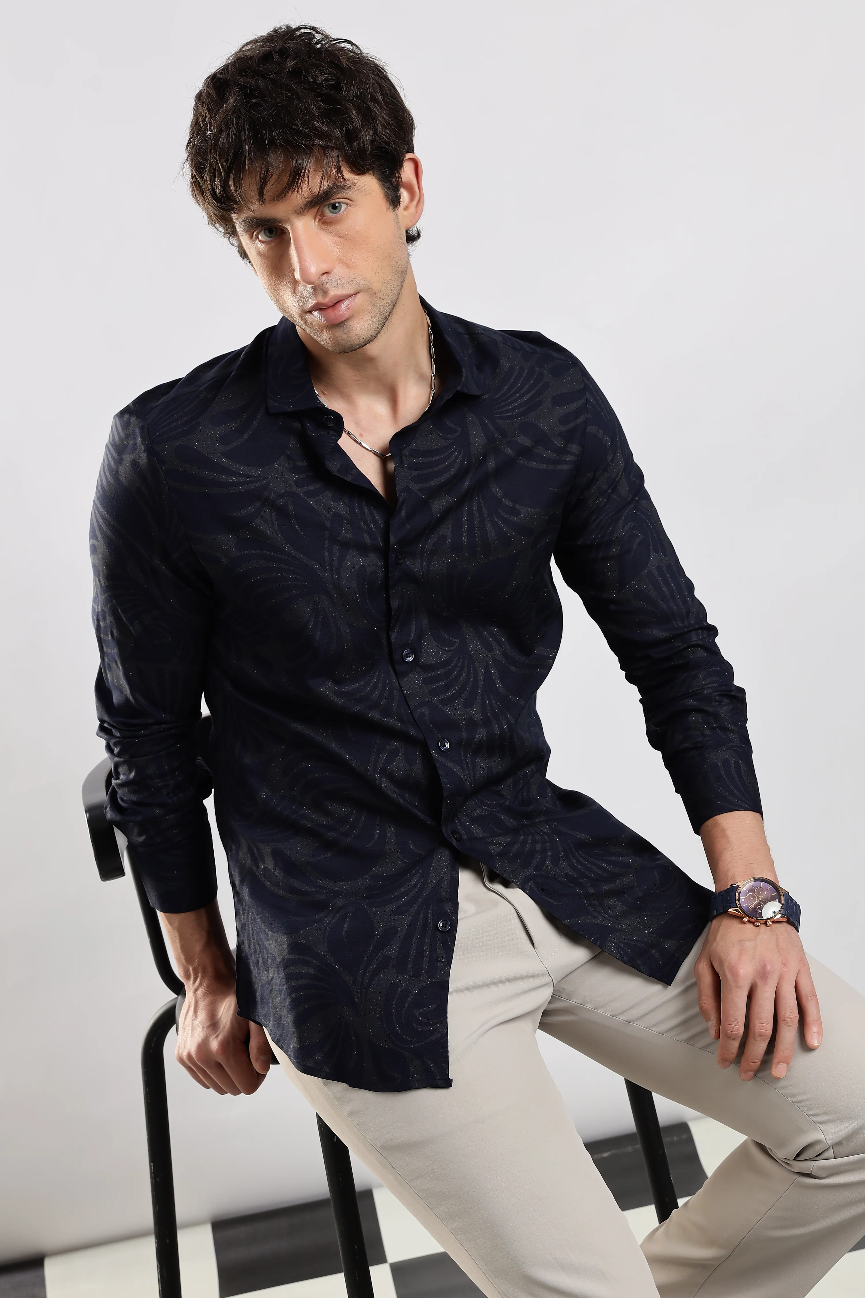 Men Navy Blue Glitter print festive wear - Image 11