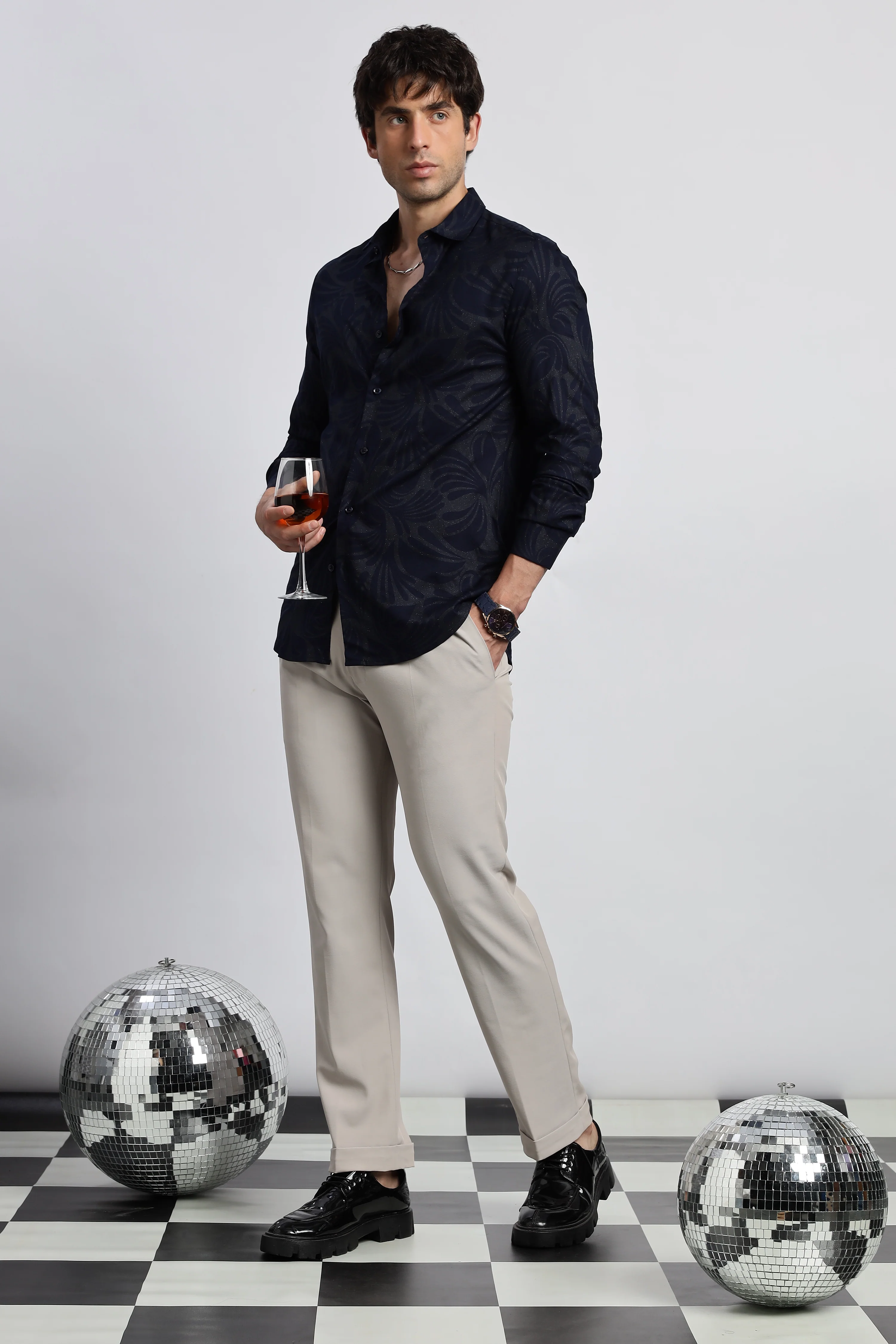 Men Navy Blue Glitter print festive wear - Image 2