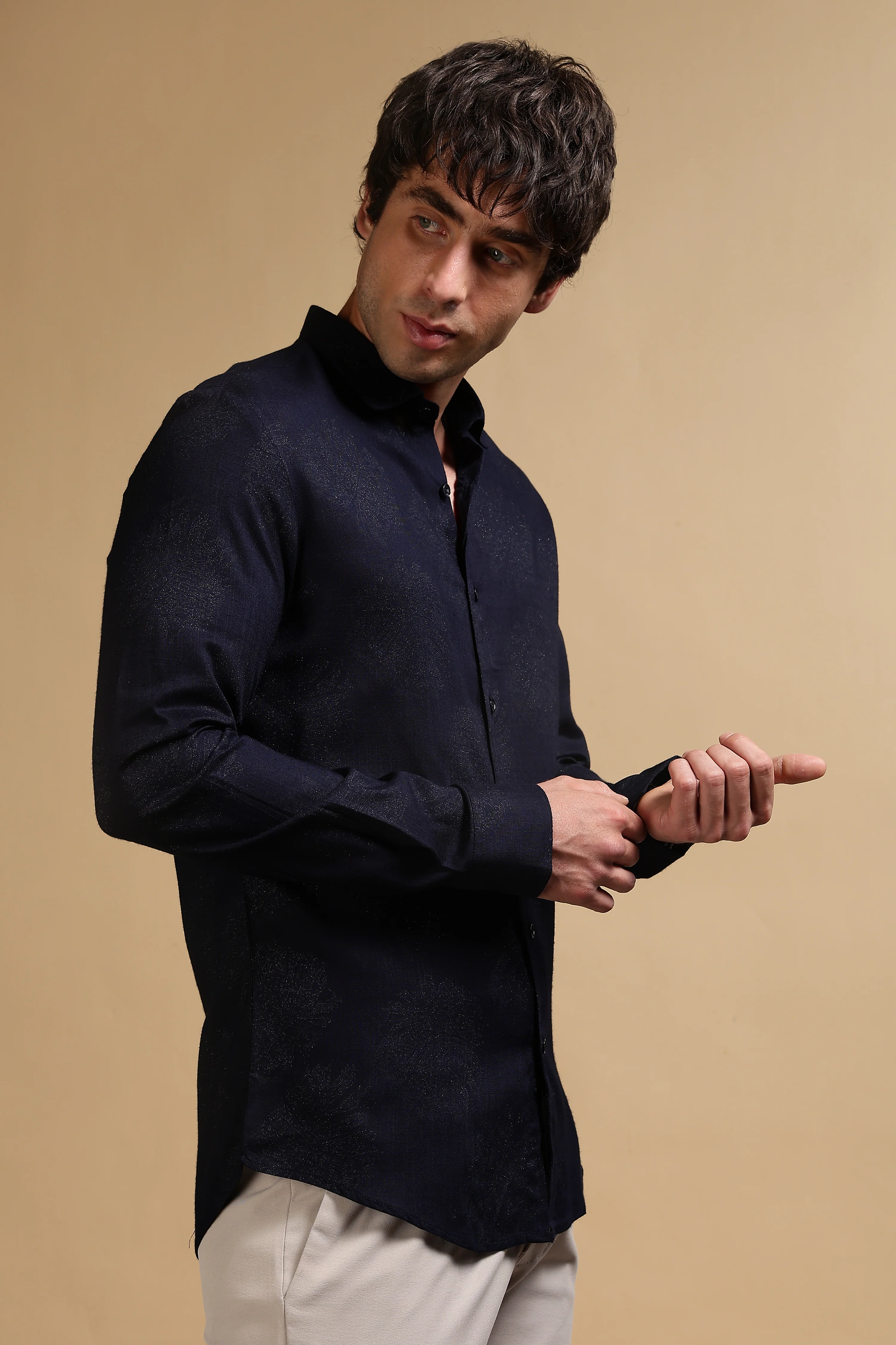 Men Navy Blue Glitter print festive wear - Image 3