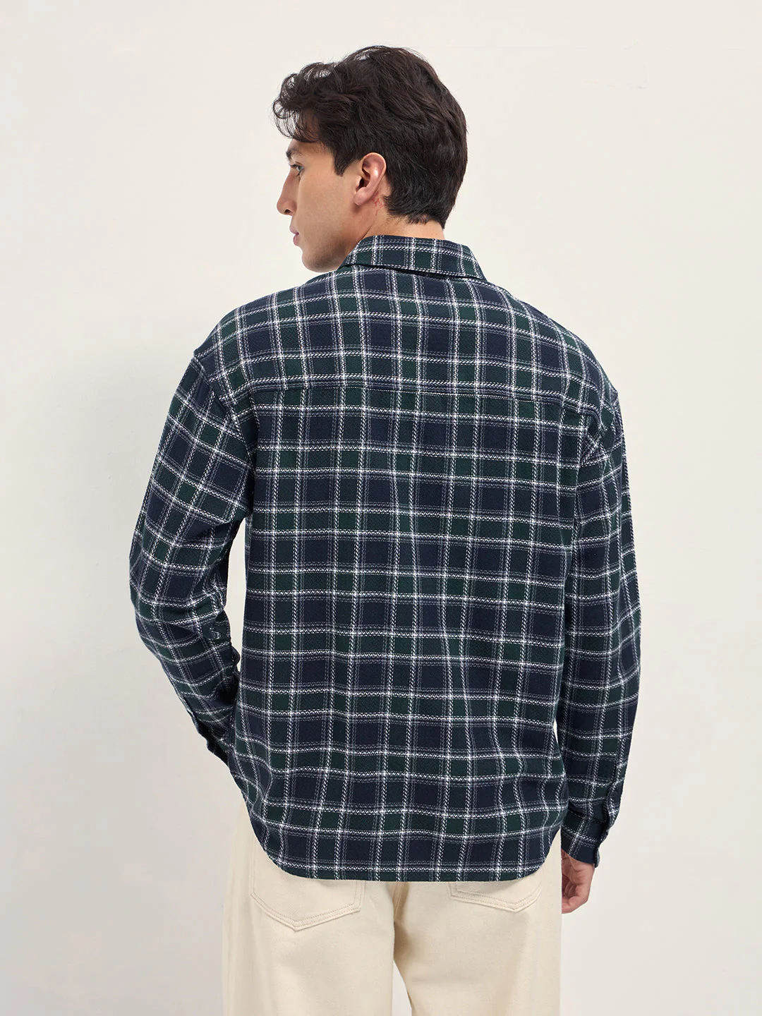 Men Navy Blue Herringbone Check Cotton Relaxed Fit Overshirt - Image 2