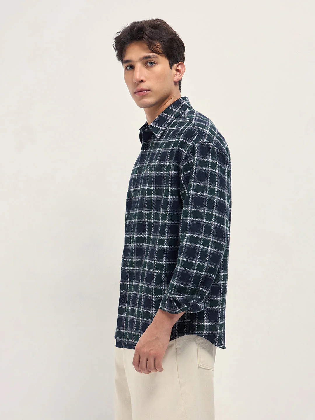 Men Navy Blue Herringbone Check Cotton Relaxed Fit Overshirt - Image 3