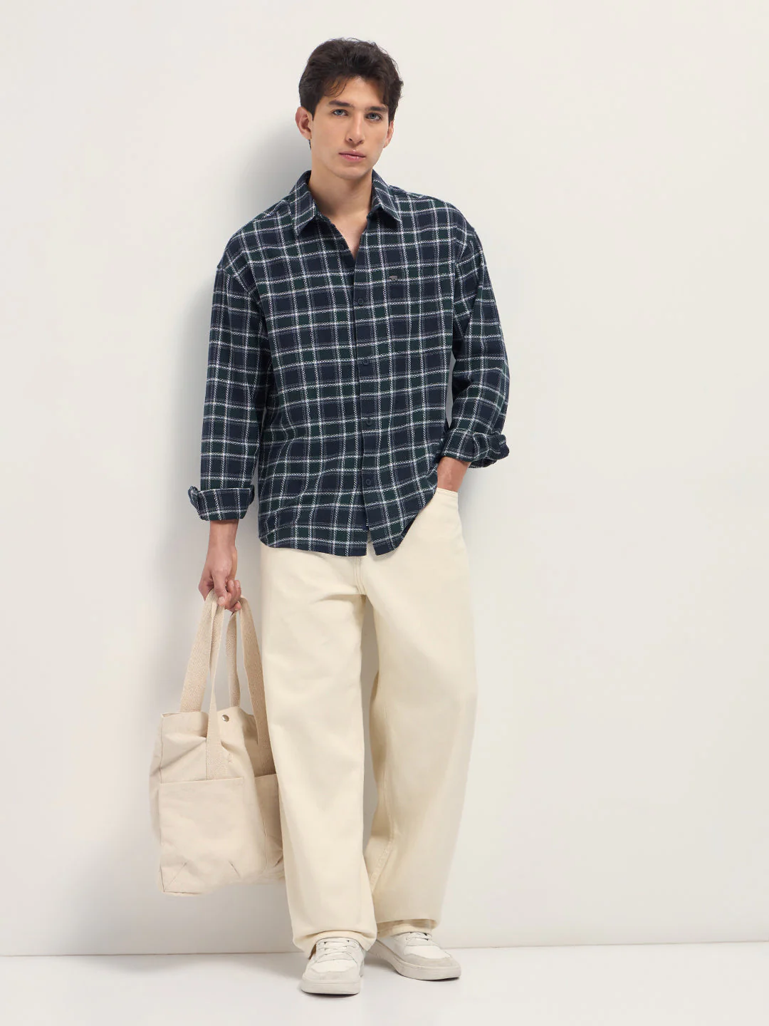 Men Navy Blue Herringbone Check Cotton Relaxed Fit Overshirt - Image 4