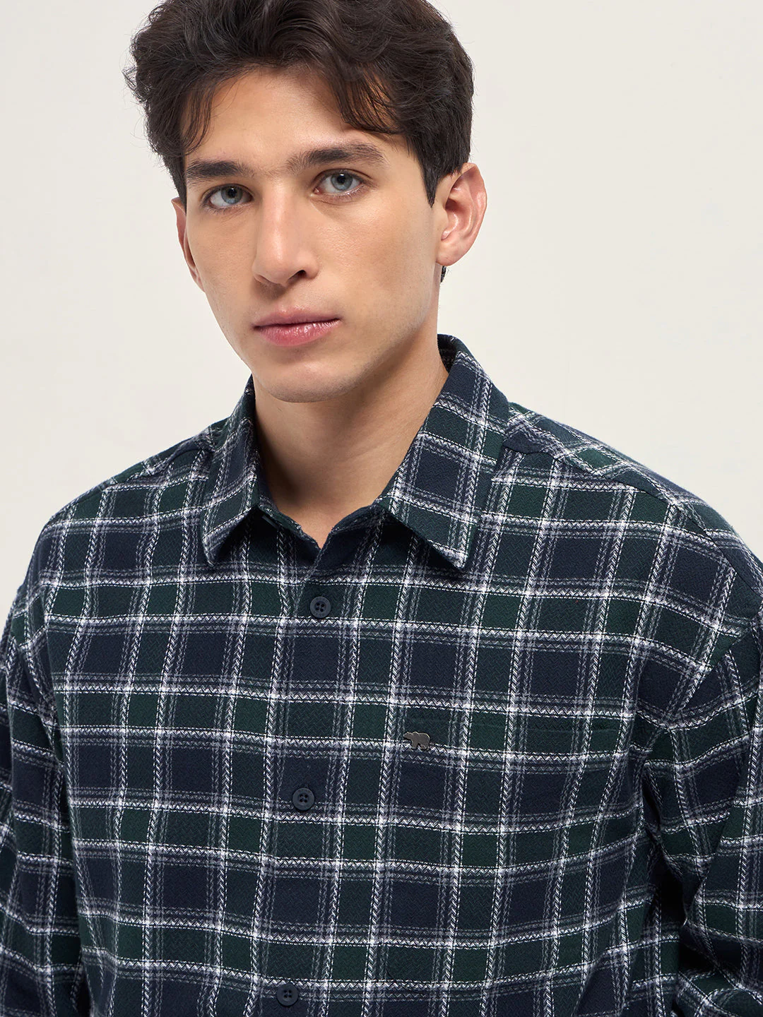 Men Navy Blue Herringbone Check Cotton Relaxed Fit Overshirt - Image 5