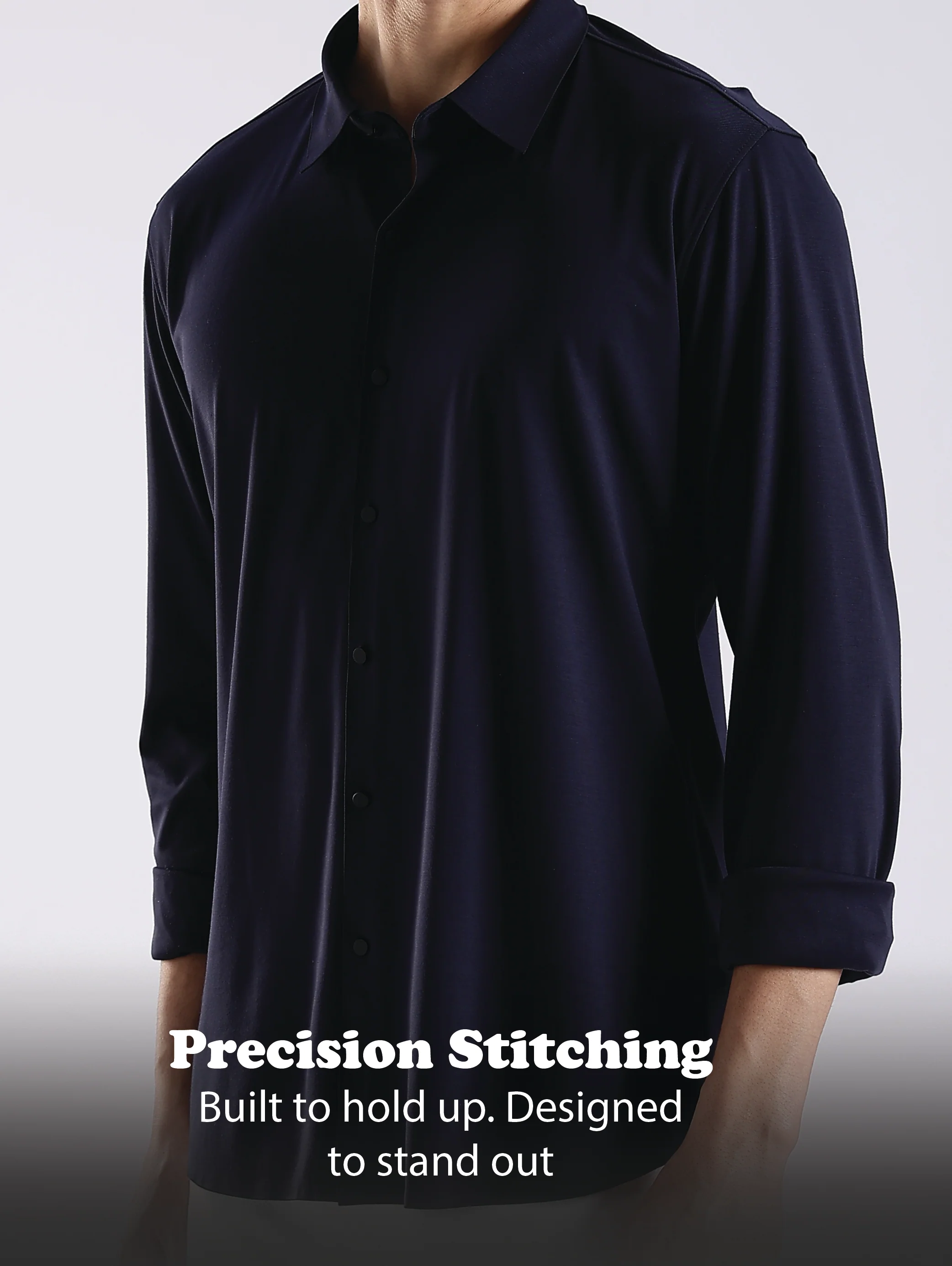 Men Navy Blue Knitted Slim Fit Shirt - Image 12