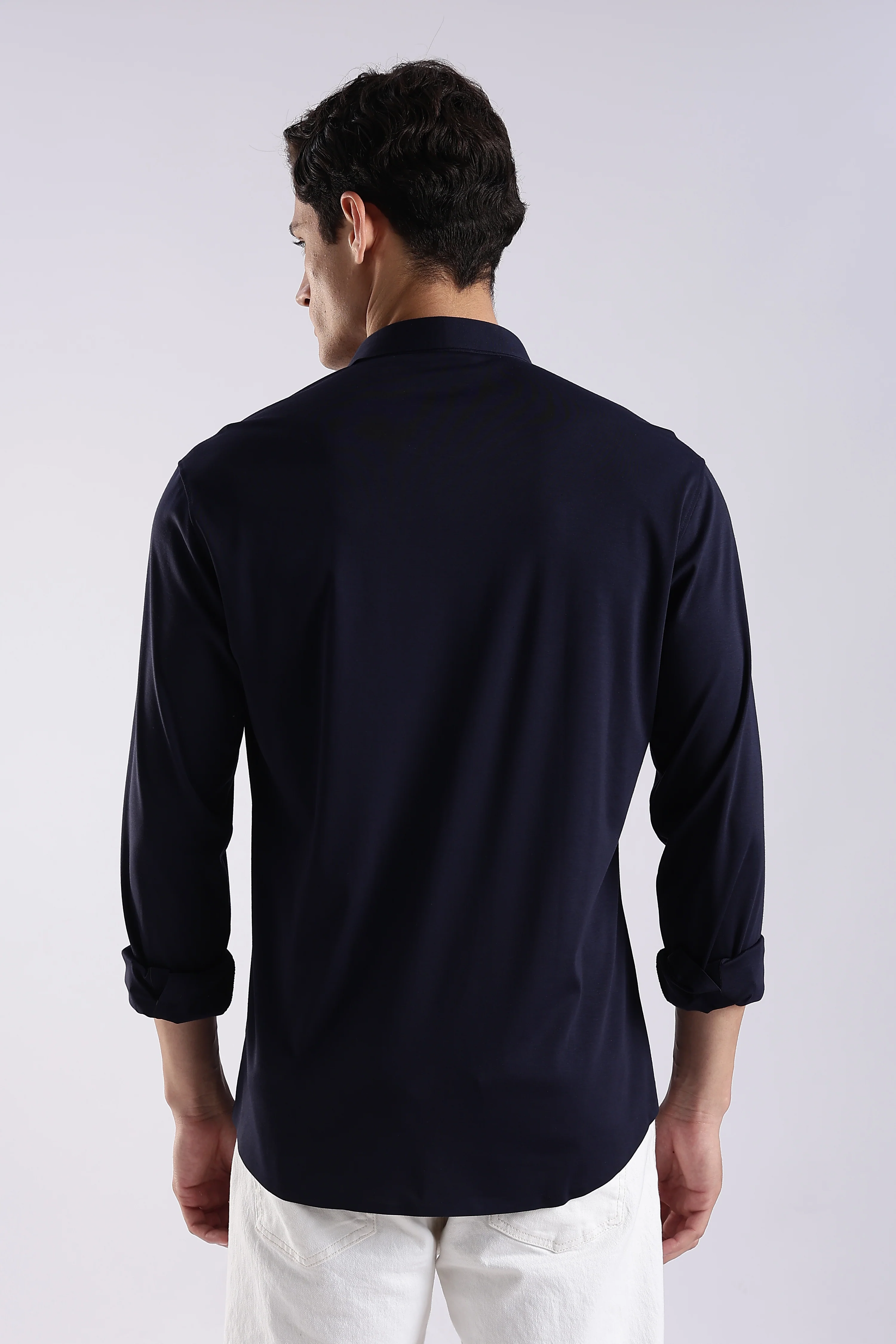 Men Navy Blue Knitted Slim Fit Shirt - Image 2