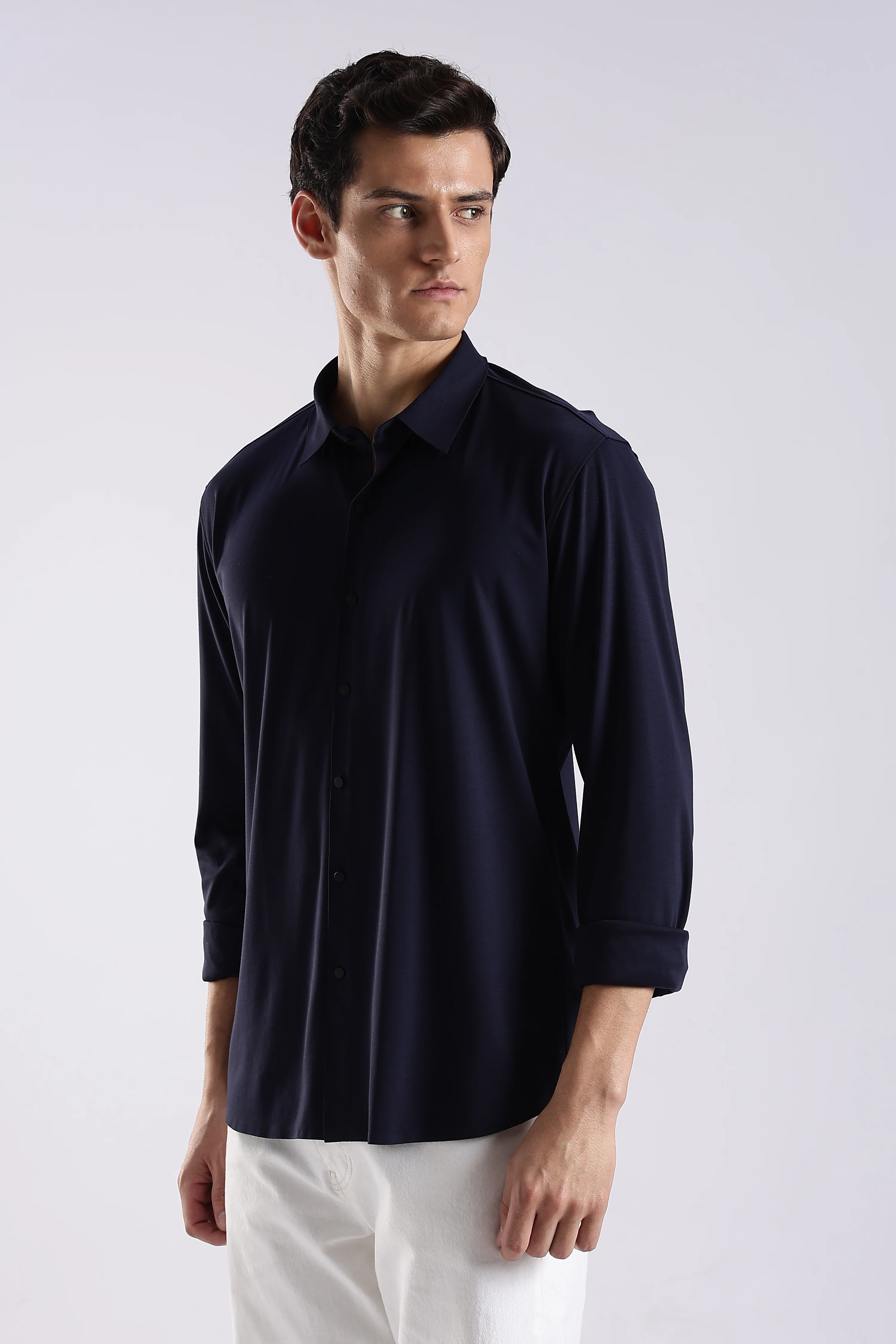 Men Navy Blue Knitted Slim Fit Shirt - Image 3