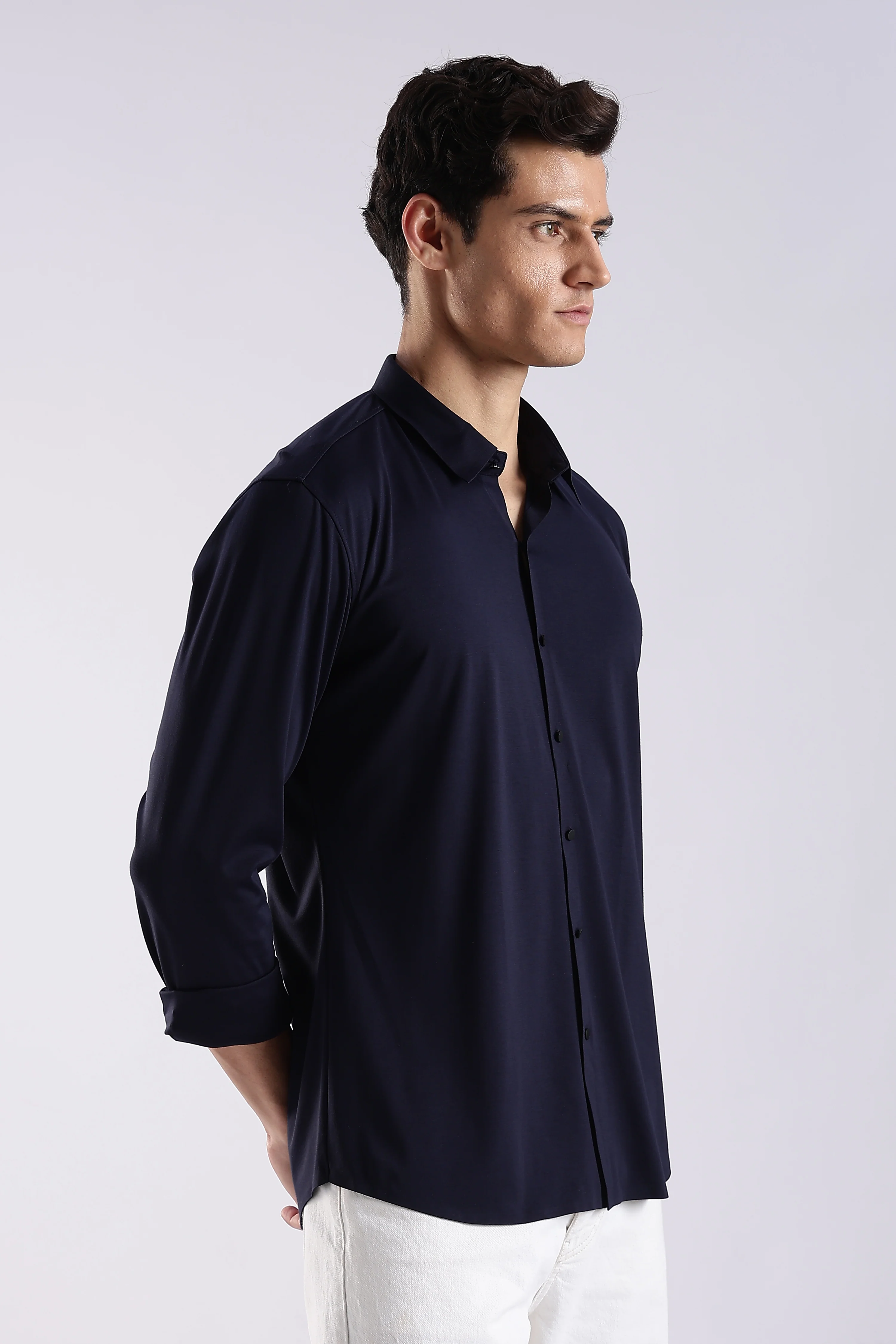 Men Navy Blue Knitted Slim Fit Shirt - Image 4