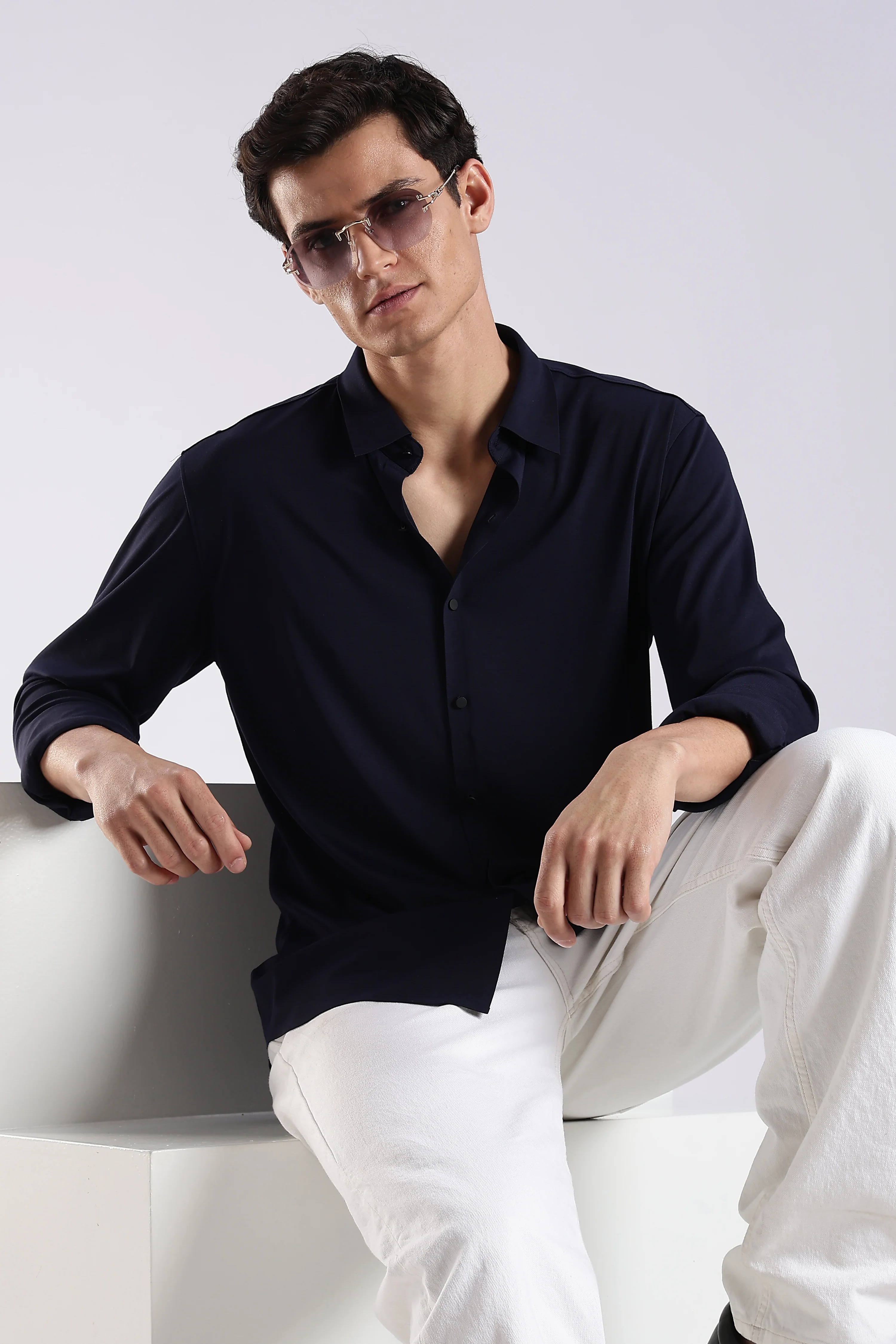 Men Navy Blue Knitted Slim Fit Shirt - Image 6