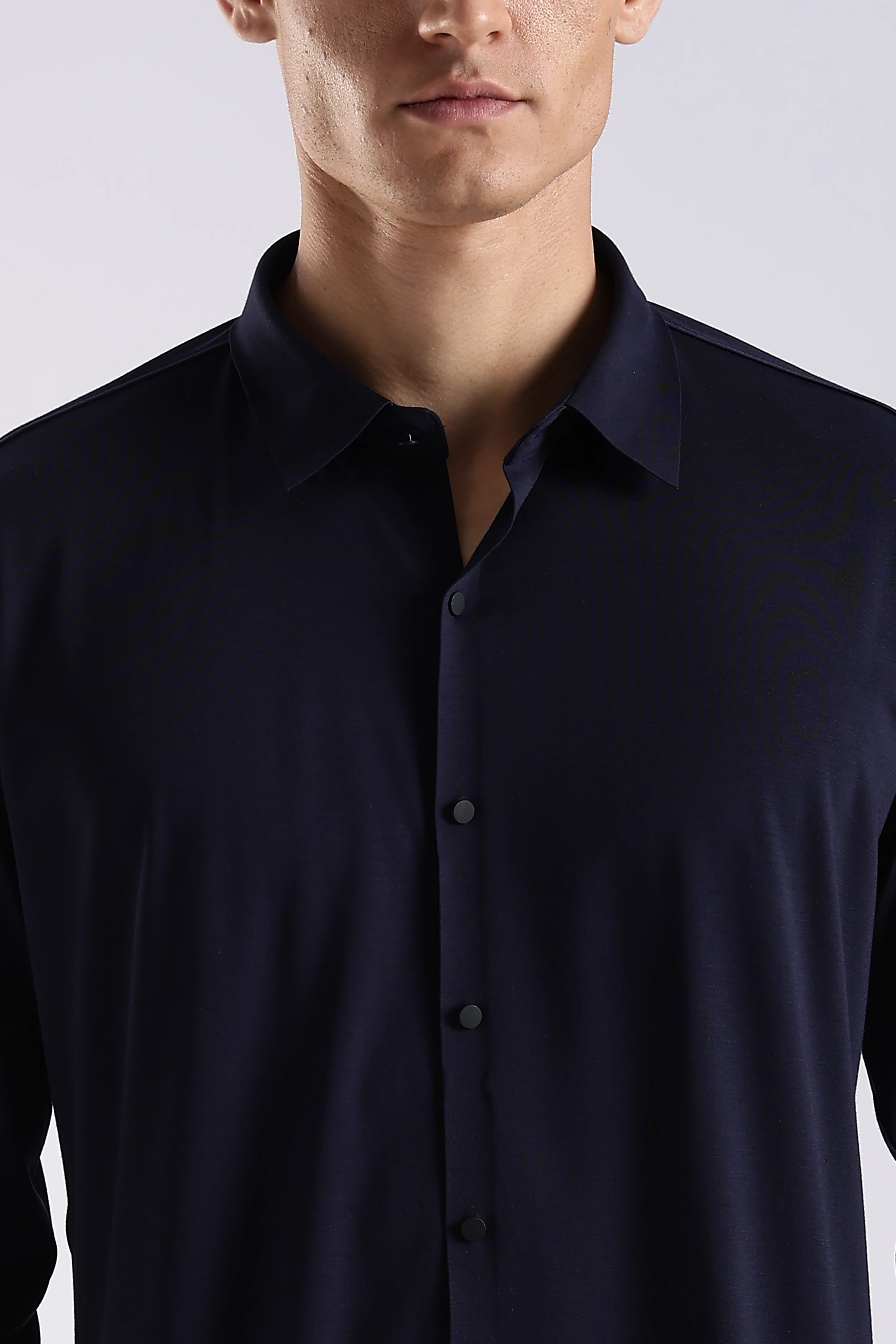 Men Navy Blue Knitted Slim Fit Shirt - Image 7