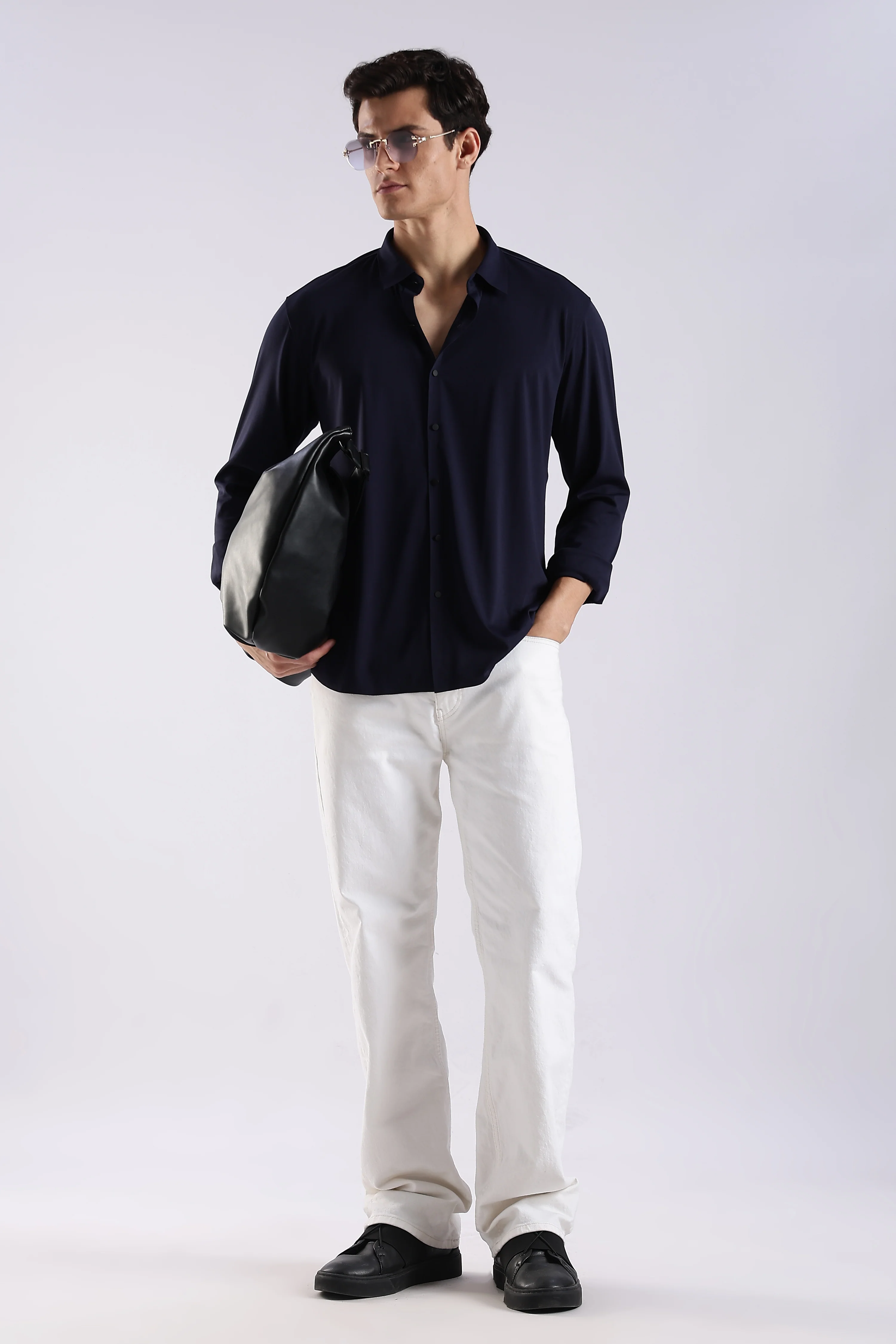 Men Navy Blue Knitted Slim Fit Shirt - Image 8