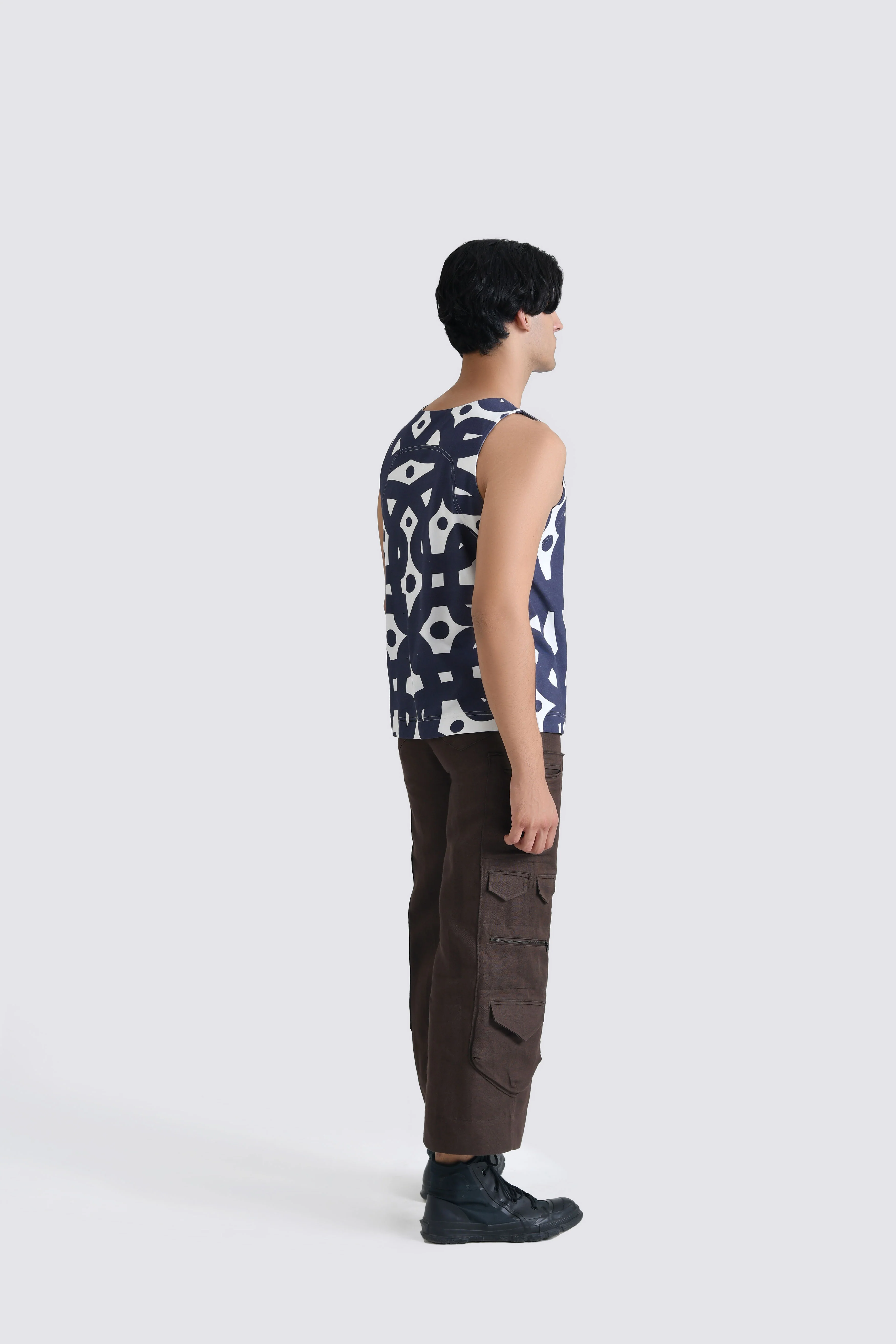 Men Navy Blue Kolam Cotton Tank Top - Image 2