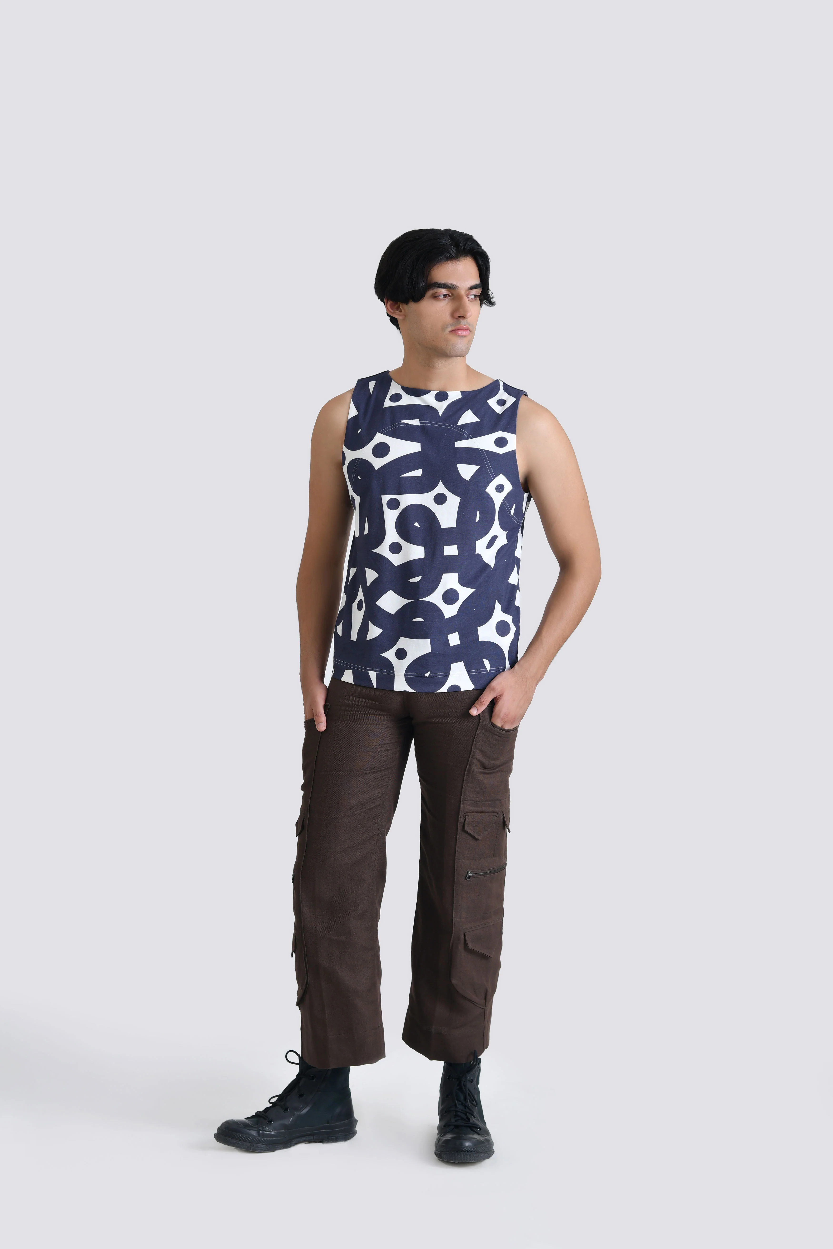 Men Navy Blue Kolam Cotton Tank Top - Image 3