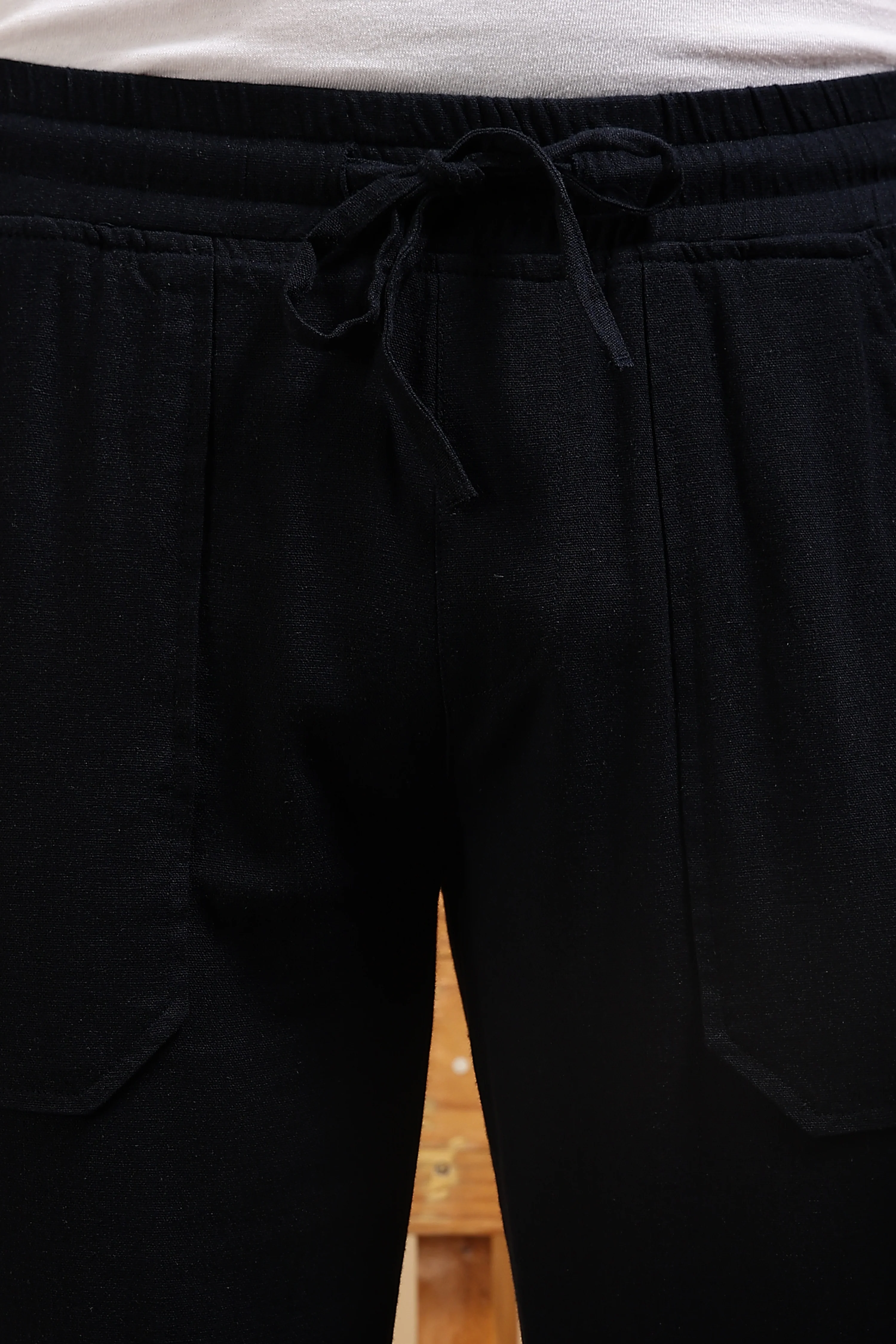 Men Navy Blue Linen Blend Loose Fit Drawcord Trousers - Image 10