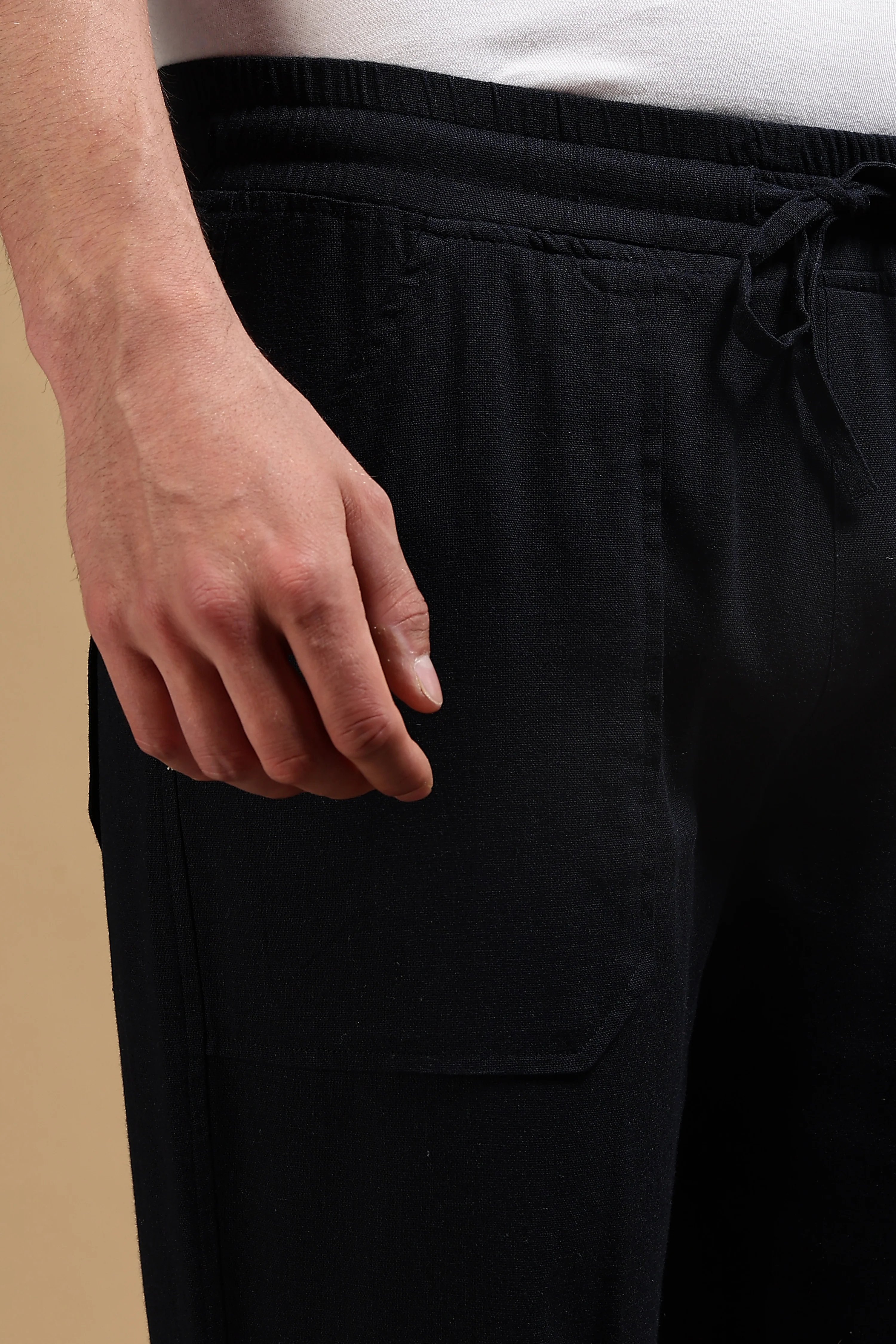 Men Navy Blue Linen Blend Loose Fit Drawcord Trousers - Image 11