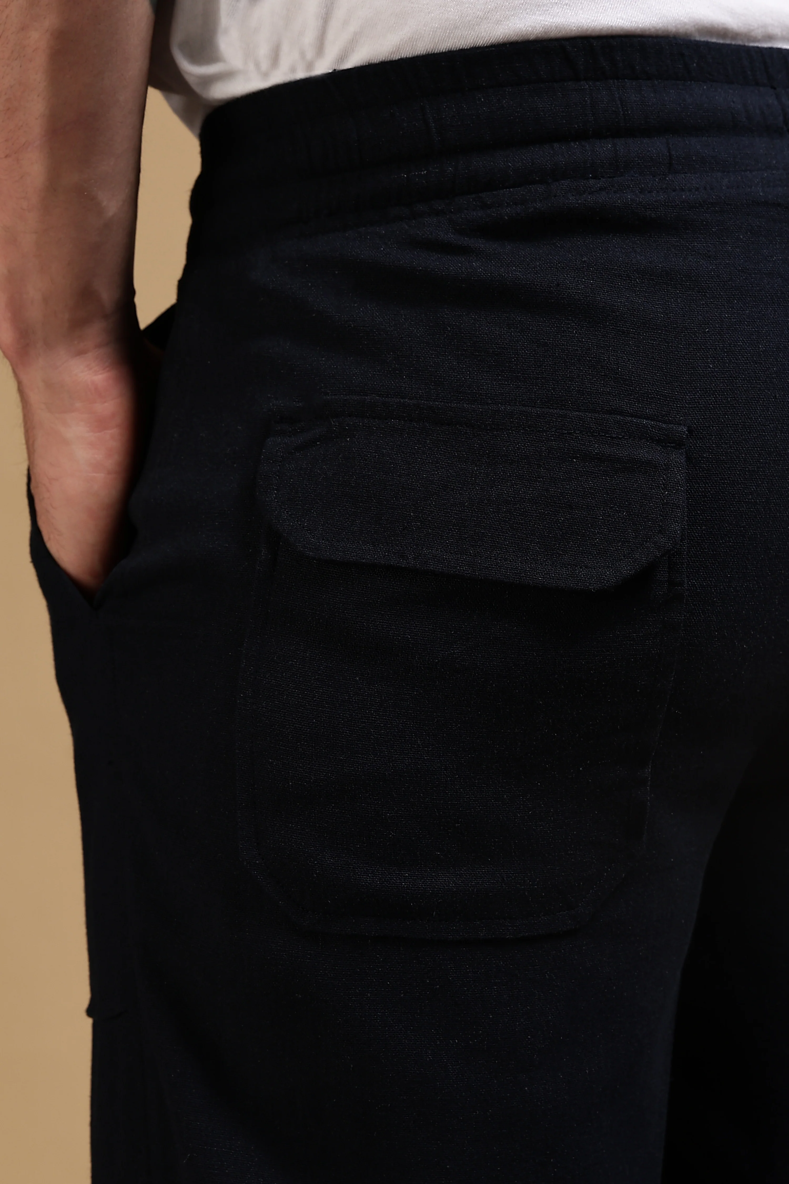 Men Navy Blue Linen Blend Loose Fit Drawcord Trousers - Image 12