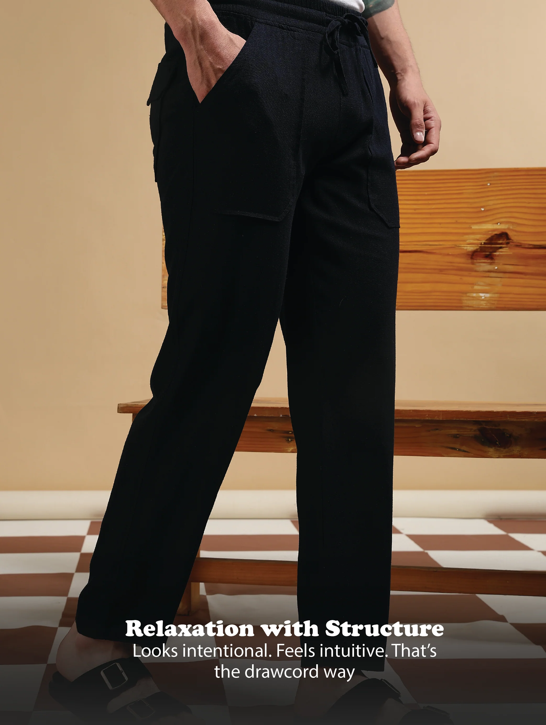 Men Navy Blue Linen Blend Loose Fit Drawcord Trousers - Image 15